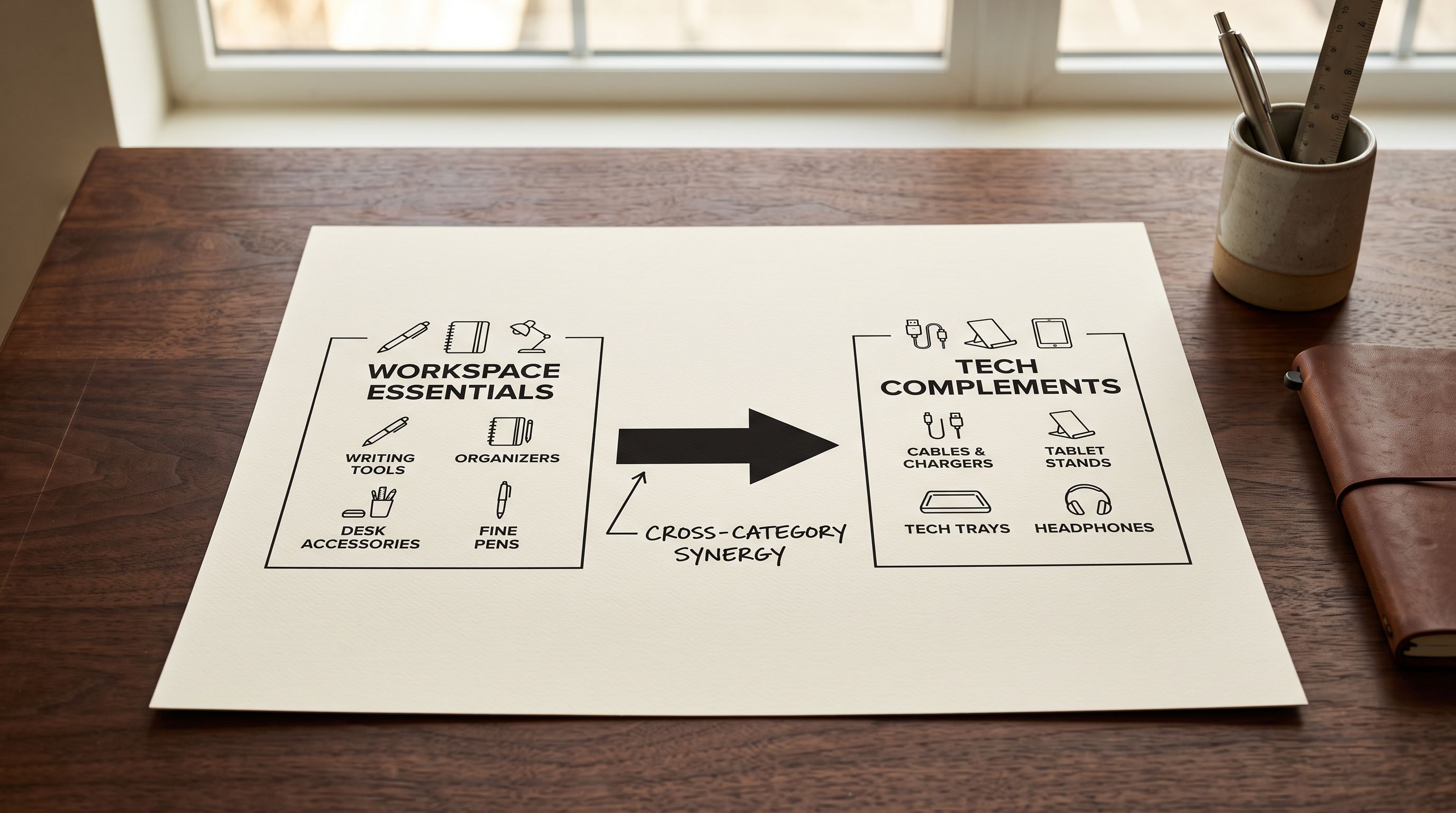 A printed connection map on a desk showing two product category groups linked by an arrow with an anchor text label beside it, representing a deliberate cross-category internal link.