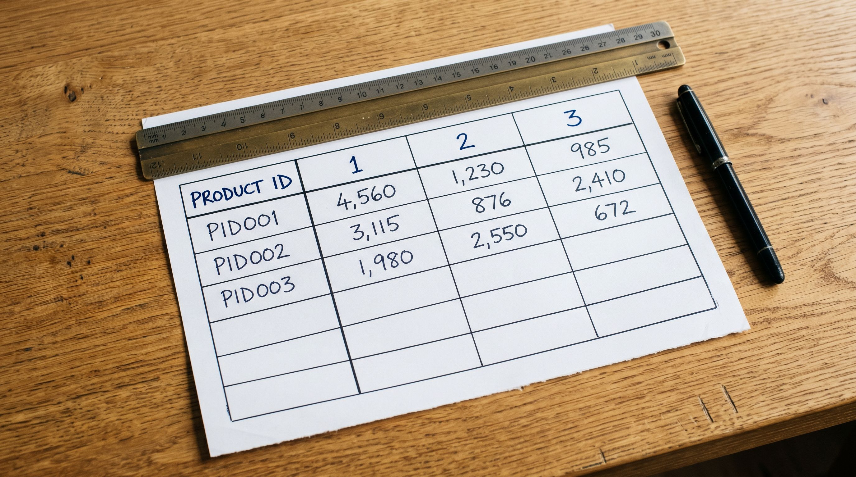 Printed Shopify multi-location inventory column layout diagram on a desk showing a spreadsheet with variant SKU rows and three location quantity columns side by side, with handwritten values in each cell and column header labels written in at the top.