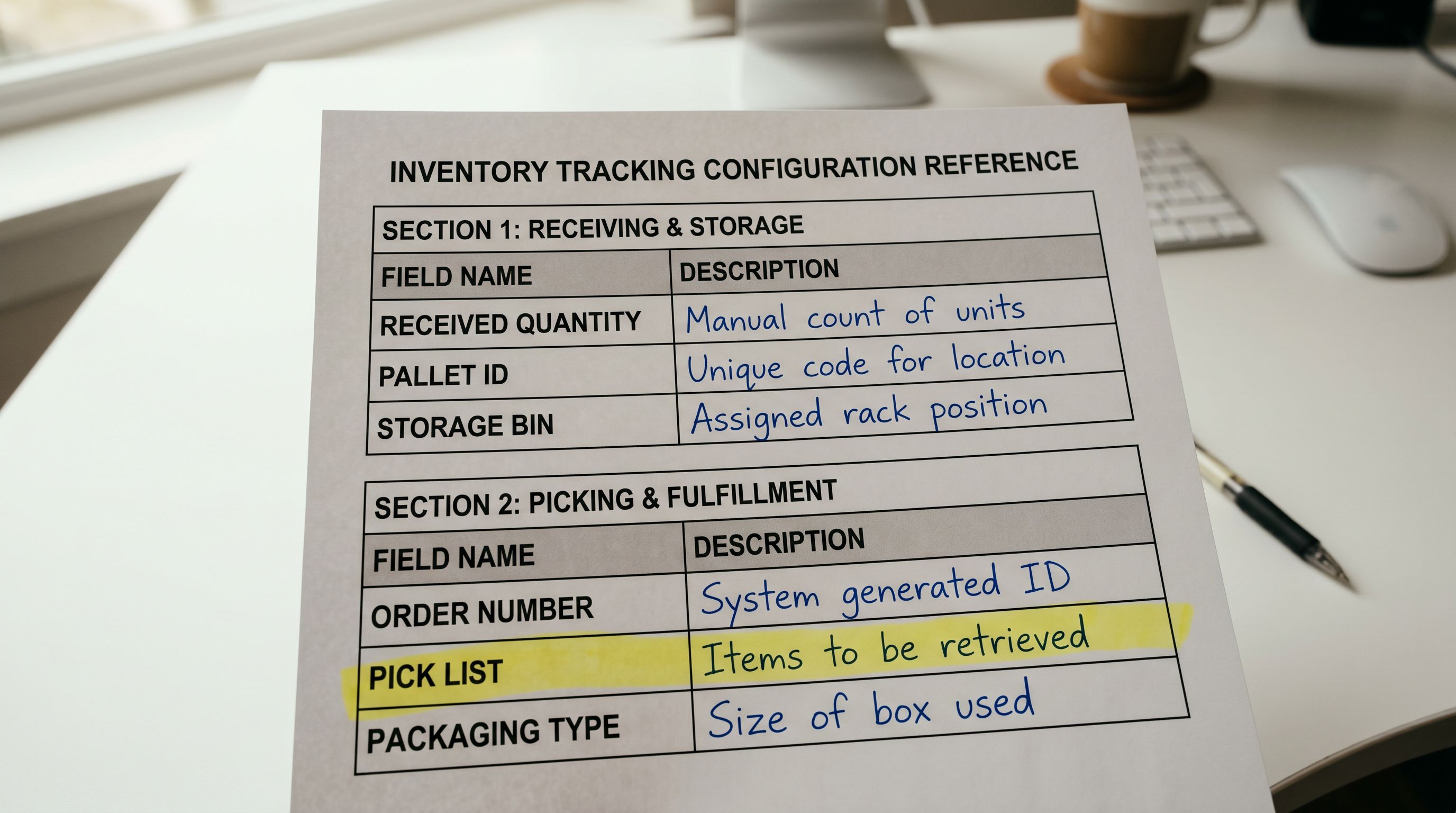 Printed inventory tracking configuration reference card on a desk showing two sections, one for inventory management values and one for inventory policy values, each with brief descriptions written beside the value names, with a highlighter marking the recommended standard configuration for each setting.