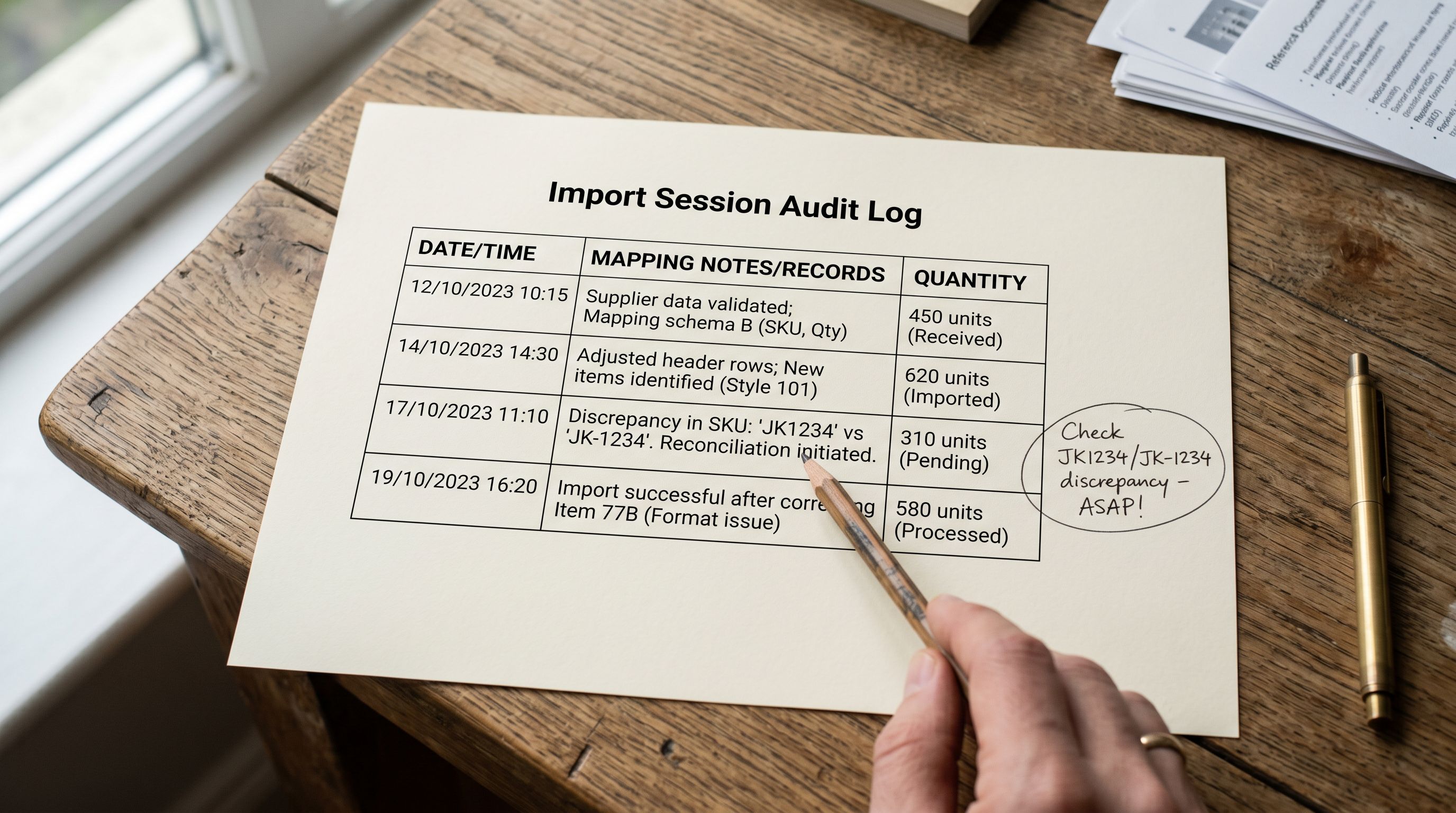 Printed import session audit log on a desk showing a table with four rows representing separate import sessions on different dates, each row listing the session date, the column mapping applied, and a note on the inventory quantities recorded, with a pencil pointing to the session with the discrepancy noted in the margin.