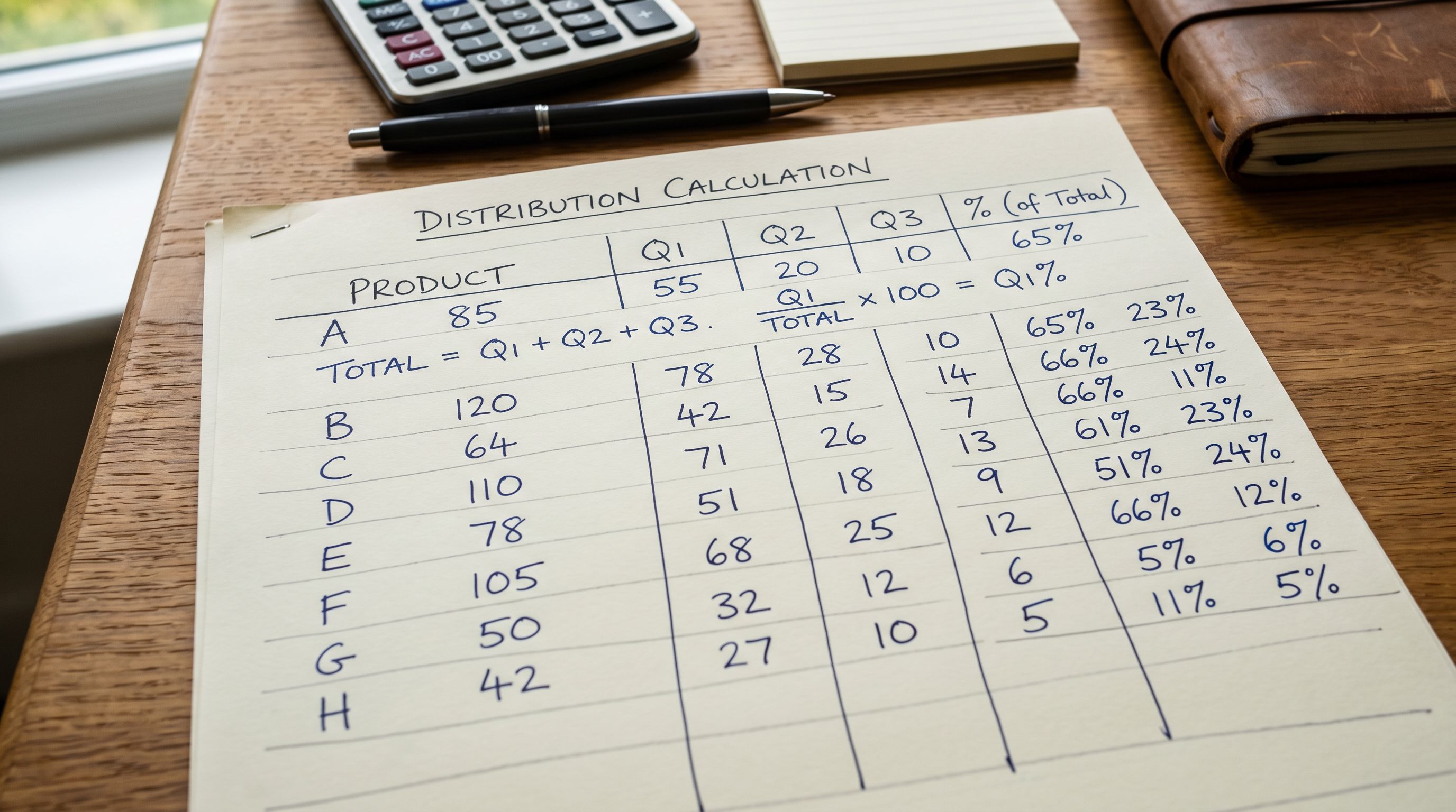Printed multi-location stock distribution calculation worksheet on a desk showing a column of variant SKU rows beside three narrow columns for three warehouse locations, with handwritten percentage notes in the margin and a formula written beside the first data row showing how the split is calculated.