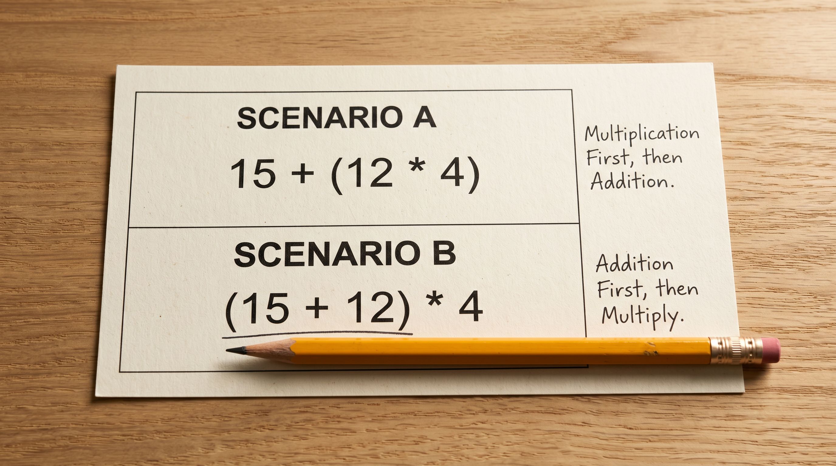 Printed inventory quantity correction reference card on a desk showing two scenarios side by side, one labelled stock update with a formula showing the supplier quantity replacing existing stock, and one labelled stock addition with a formula showing the cumulative total, with a pencil underlining the key distinction between the two scenarios.