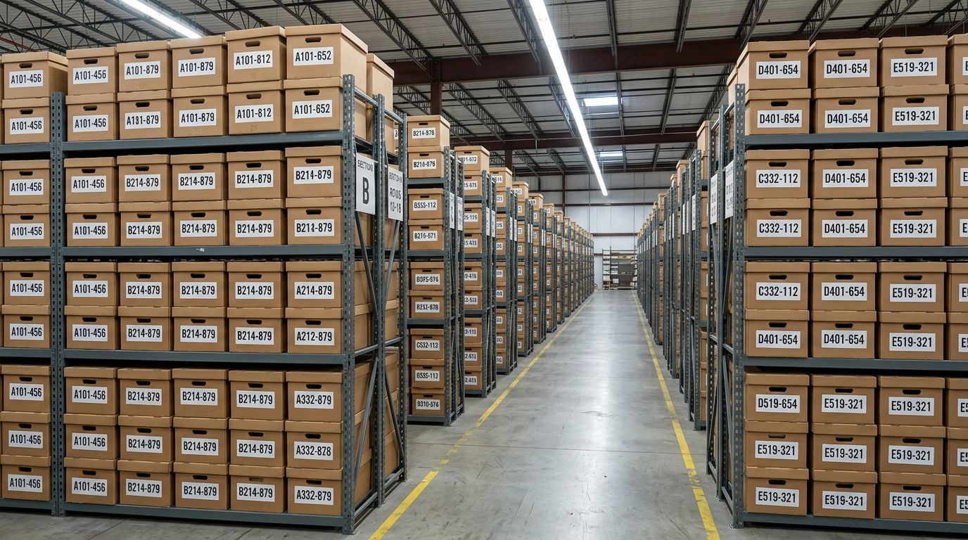 Rows of cardboard archive boxes stacked in a large warehouse, each box neatly labelled and arranged in sections on metal shelving, sharp focus throughout, colour photography.