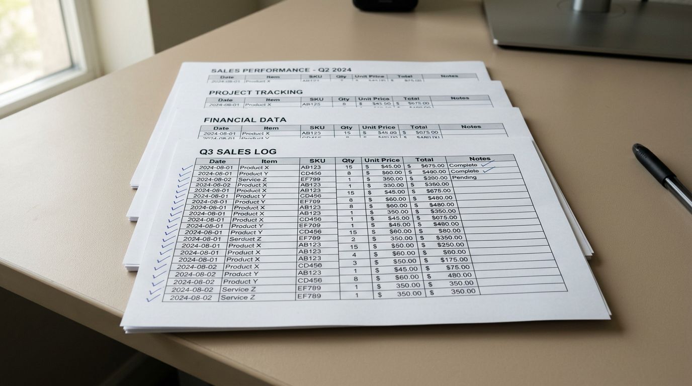 A stack of spreadsheet printouts on a plain office desk, each sheet covered in neat rows of data with handwritten tick marks on the left margin, sharp focus, colour photography.