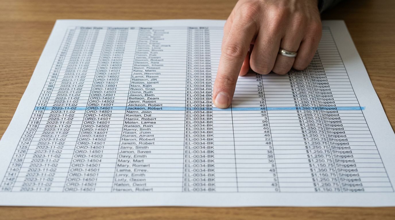 Close-up overhead view of a large printed spreadsheet with hundreds of rows, a person's finger pointing to a specific row, sharp focus on the row being checked, colour photography.