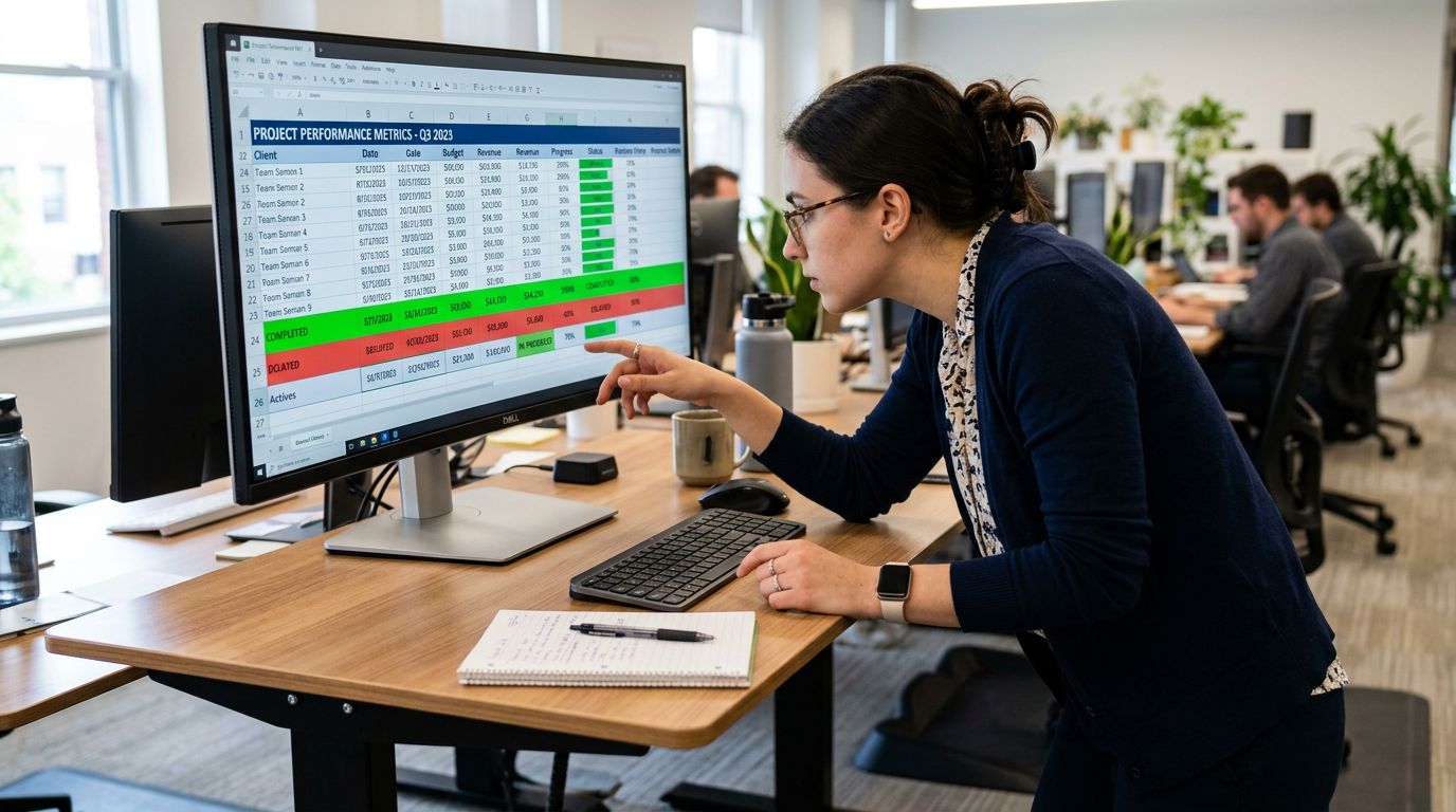 A person sitting at a desk reviewing a large monitor displaying a data table with rows highlighted in different colours, sharp focus on the screen and person, colour photography.