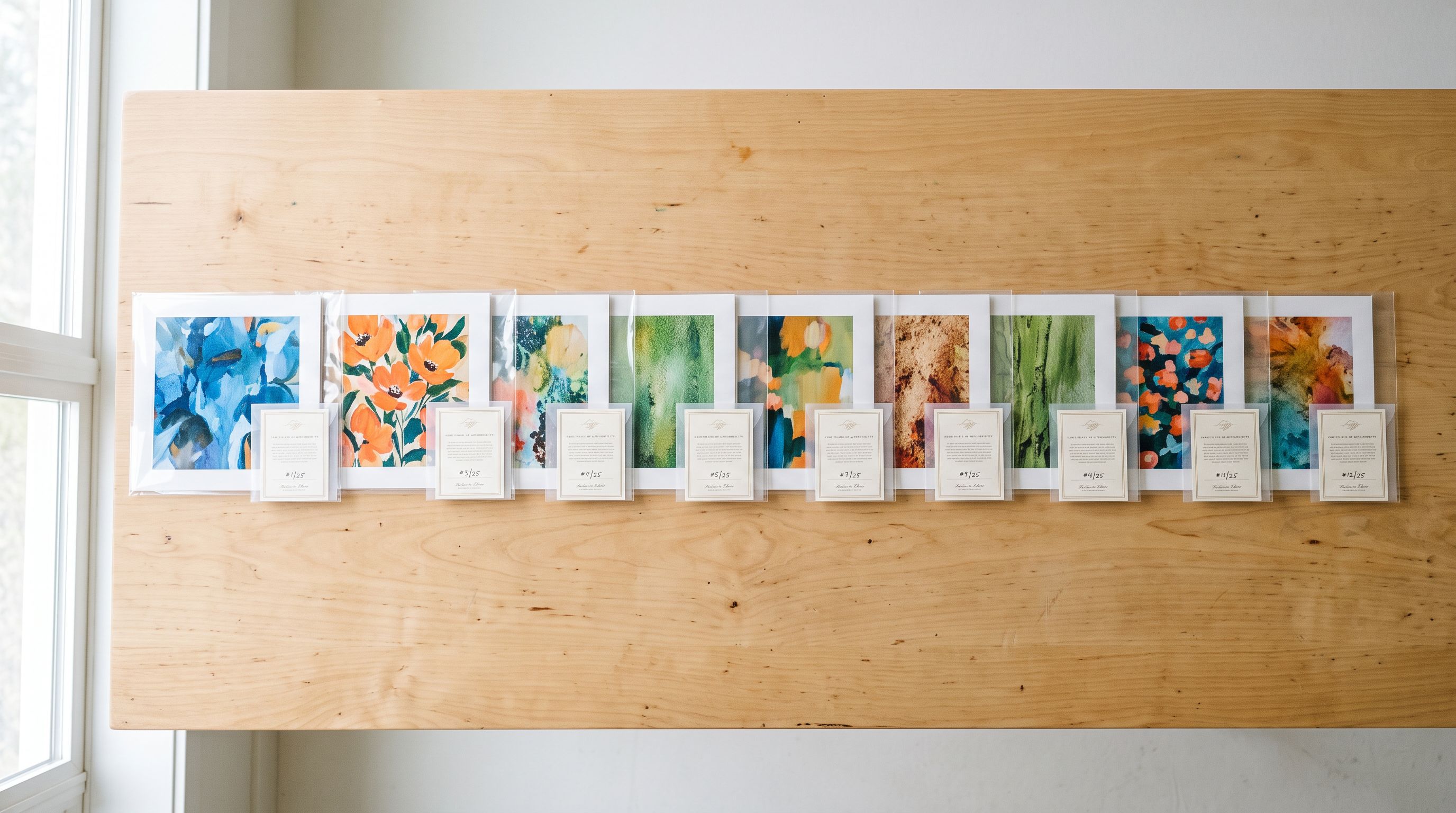 Twelve individually wrapped art prints laid in a row on a studio table, each with a certificate card placed neatly beside it.