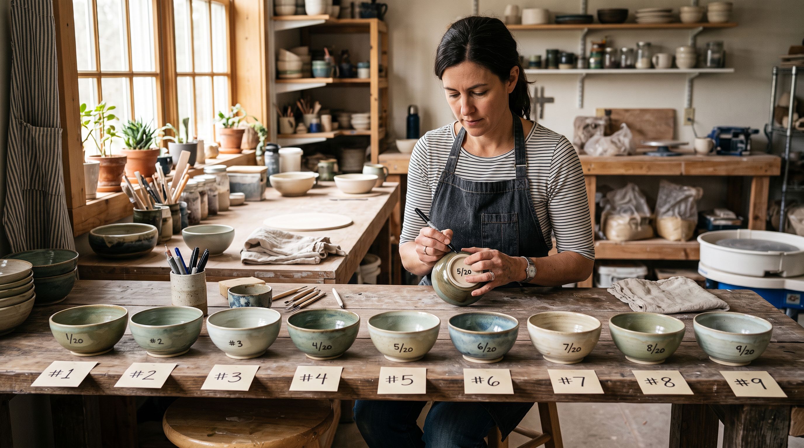 A ceramics artist at a studio workbench numbering ceramic bowls in sequence, completed bowls in a neat row each accompanied by a small label card.