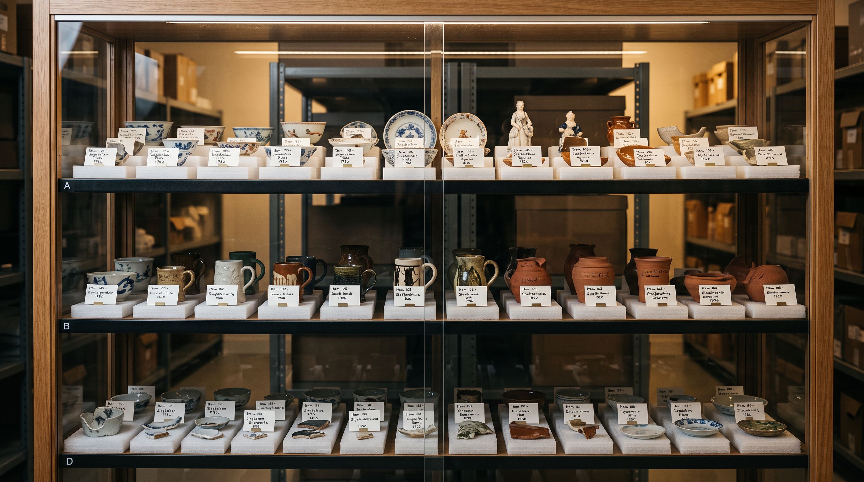 Gallery archive shelving inside a glass display case showing ceramic pieces with provenance cards propped in front of each piece in a gallery storage room.