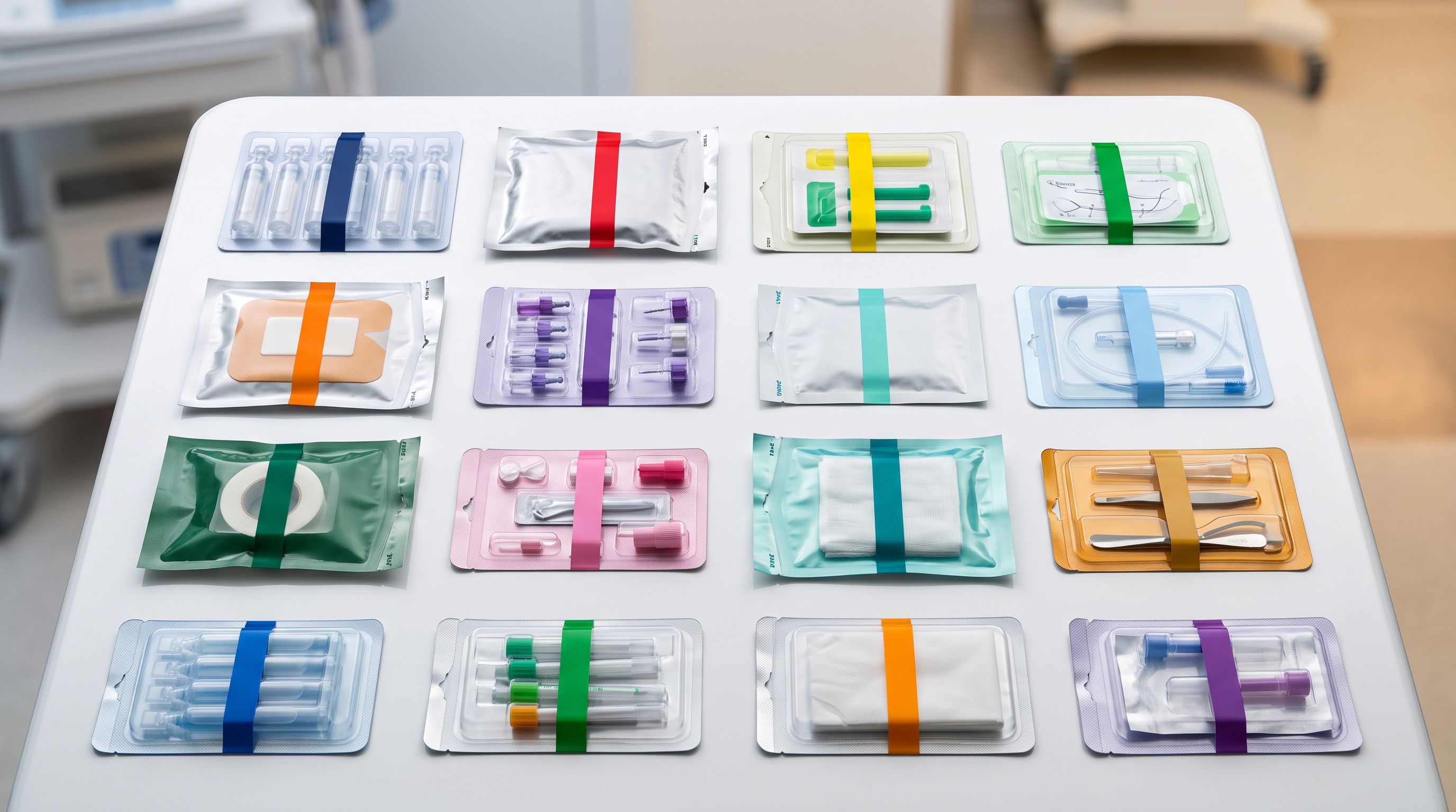Sterile medical consumables in sealed blister packs and foil pouches arranged in a precise grid on a clinical white table.