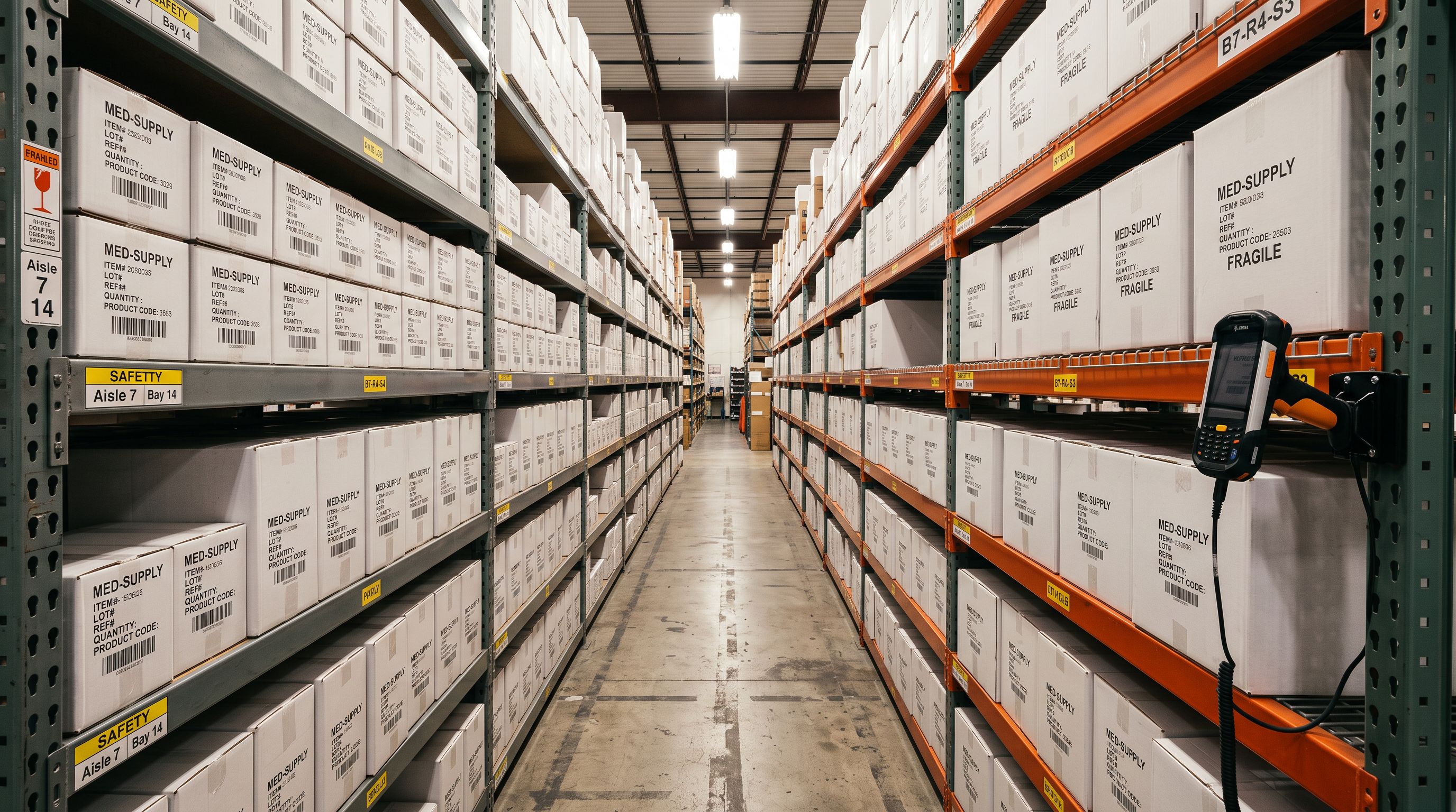 A medical supply warehouse aisle with floor-to-ceiling metal shelving stacked with uniformly labelled white cardboard boxes.