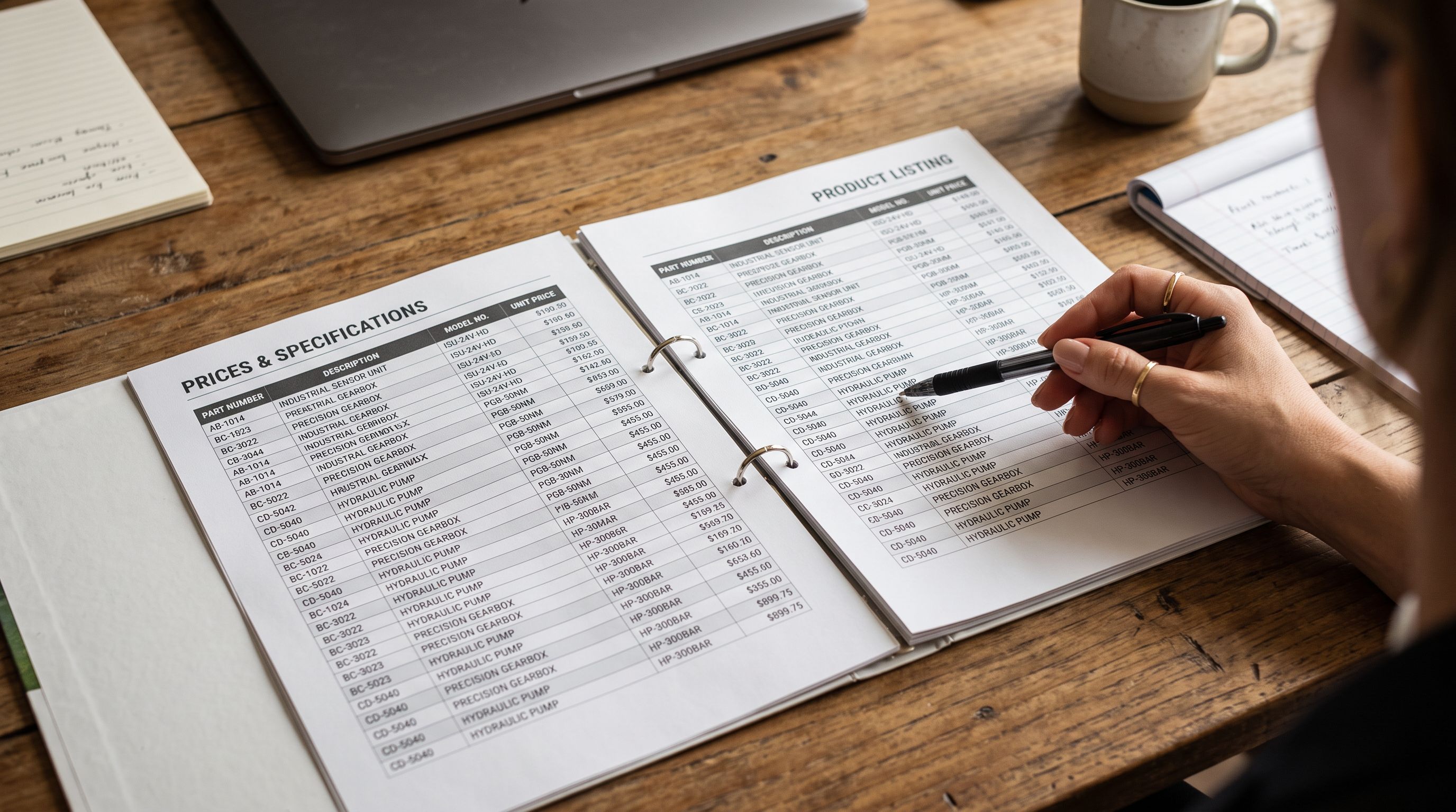 Printed supplier price list open on a table with a hand pointing to the model number column.