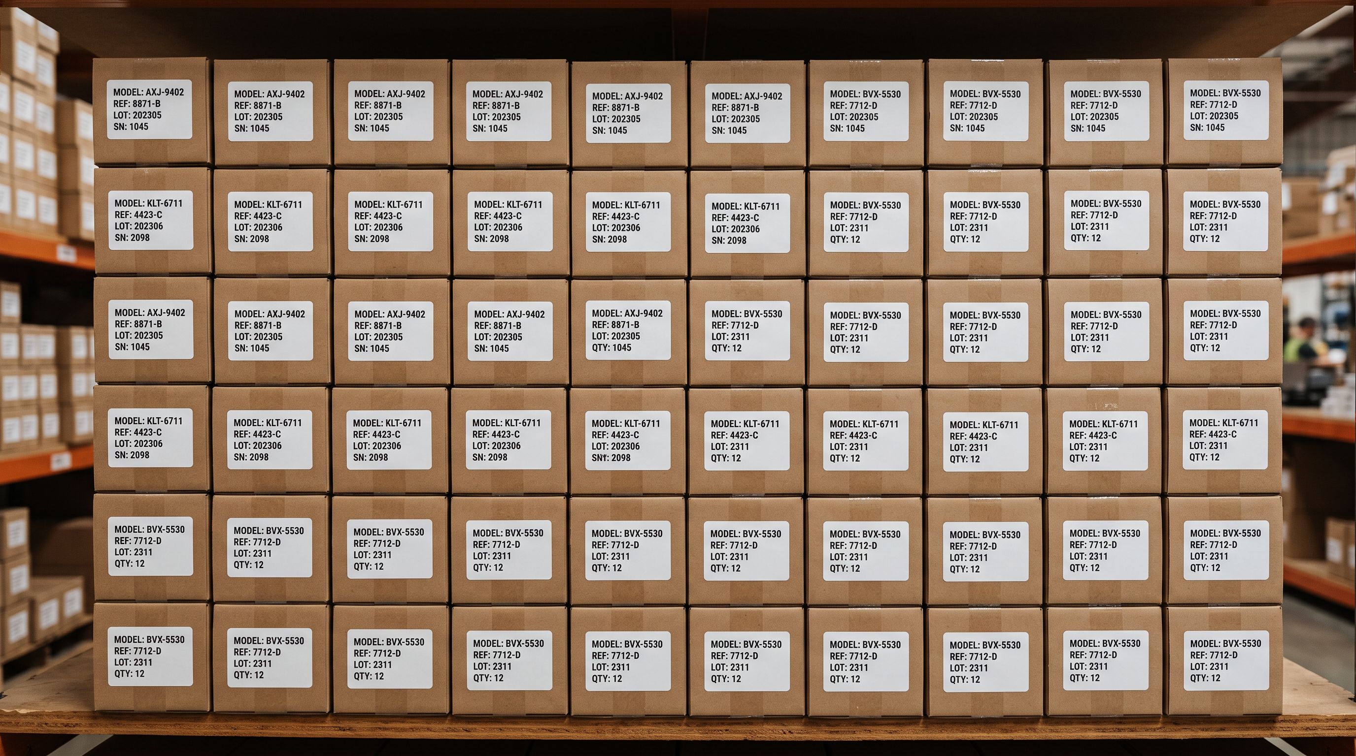 Stacked product packaging boxes on a stockroom shelf with model identification labels on each box panel.