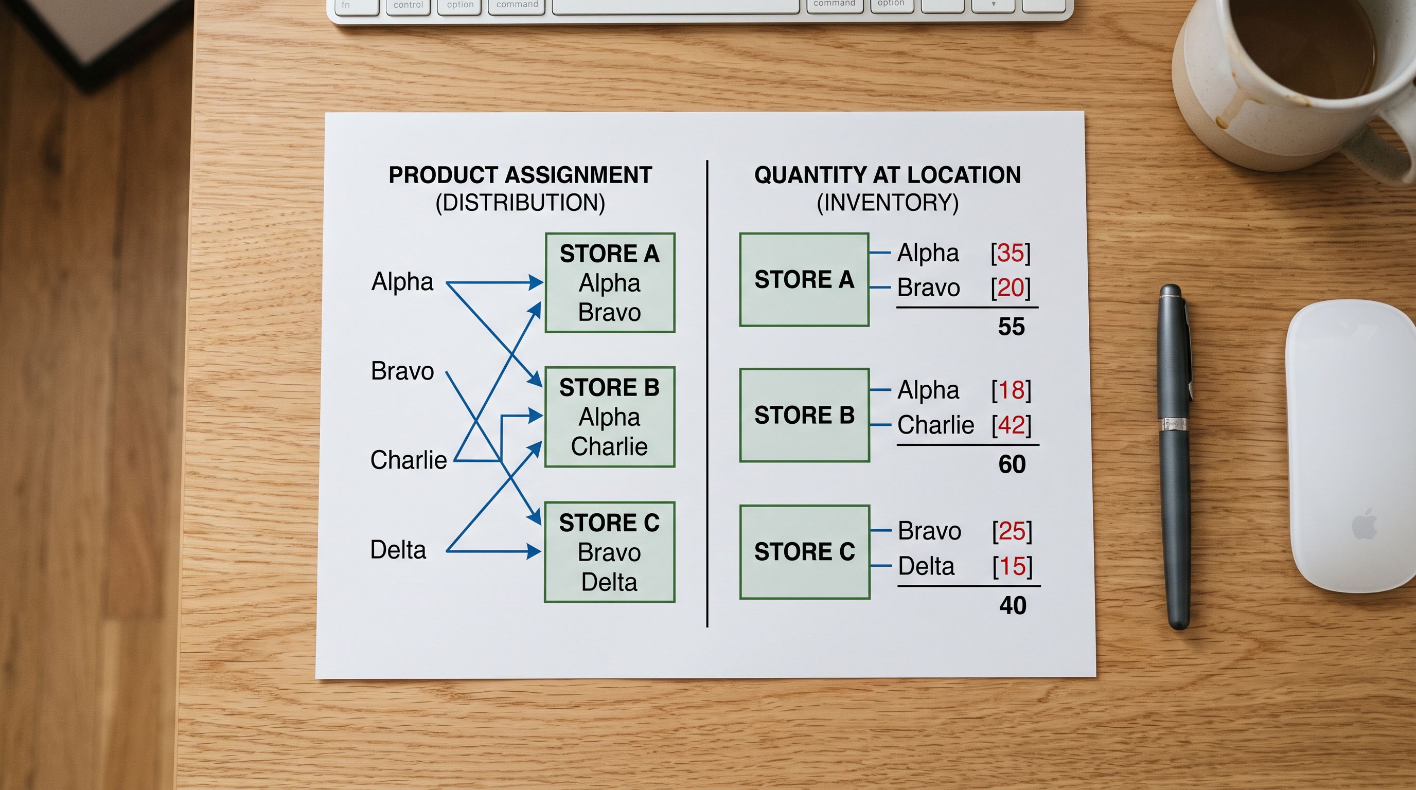 A two-panel reference diagram showing product assignment connections to location boxes alongside numeric quantity values for each location.