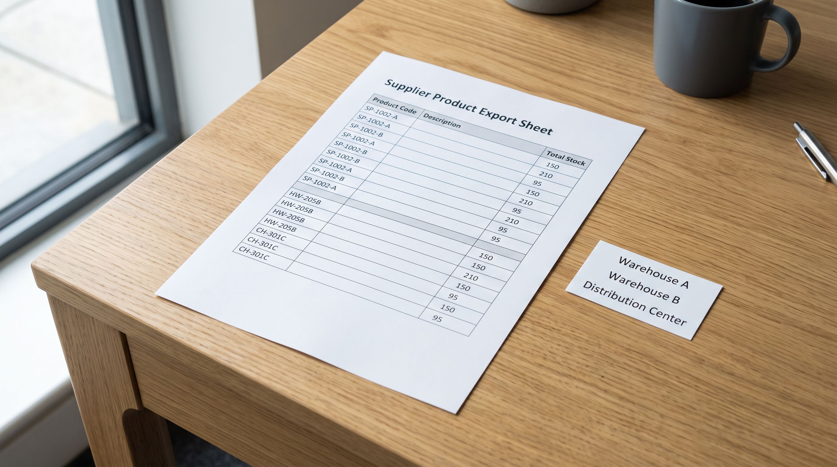 A supplier product export sheet with a single total quantity column beside a card listing three separate named Shopify store locations.