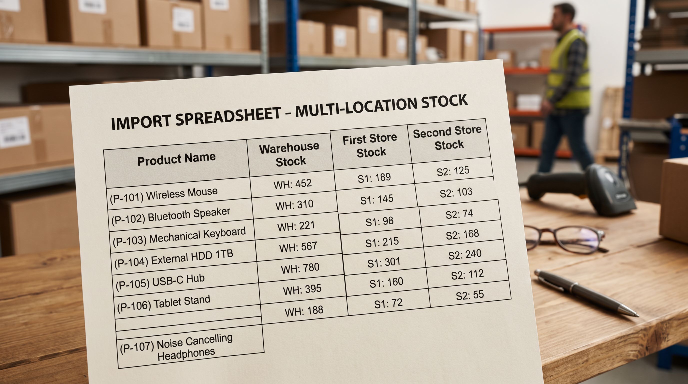 A four-column import spreadsheet showing product codes alongside warehouse and two retail store quantity columns with numeric entries.