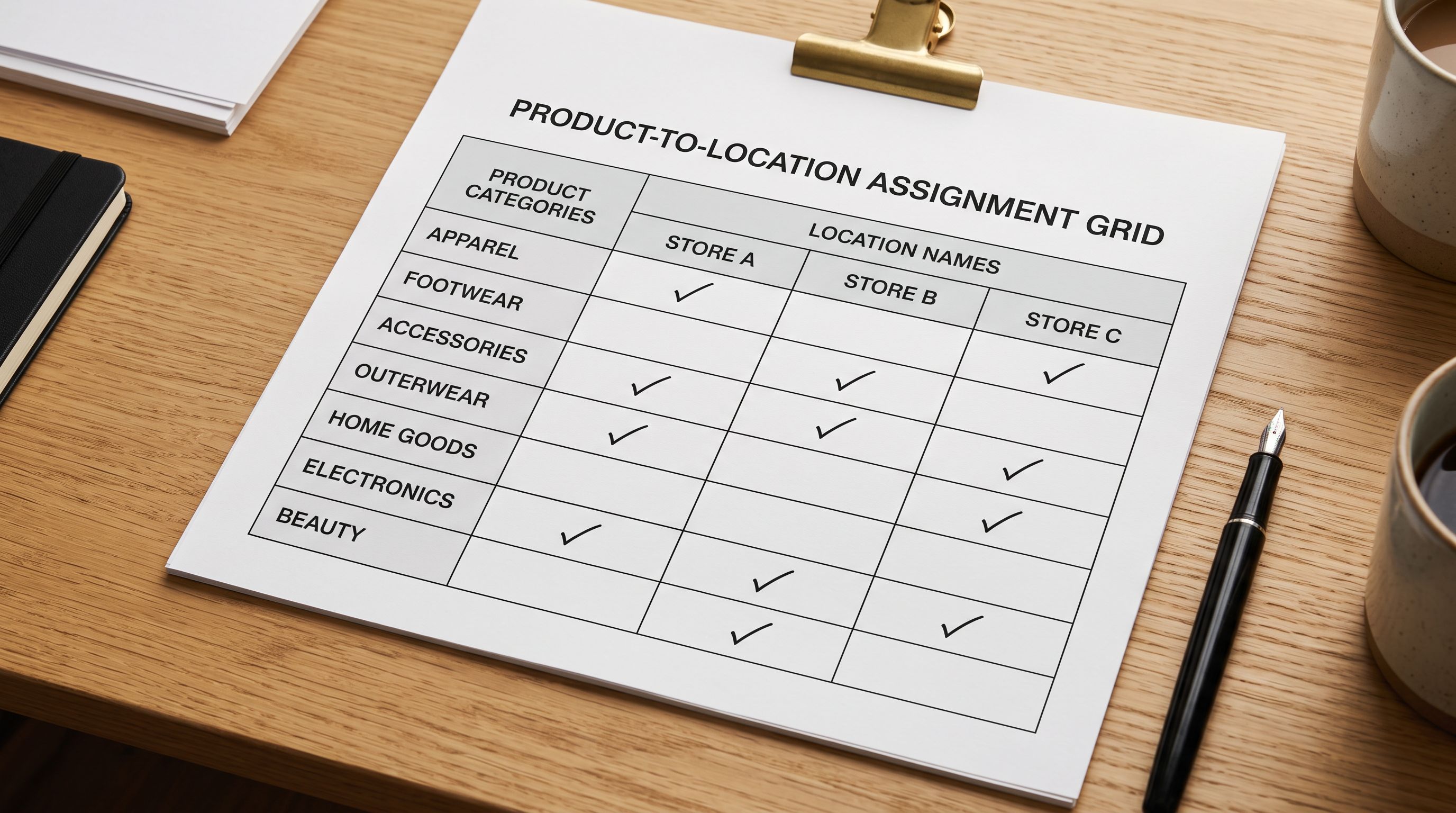 A product-to-location assignment grid with checkmarks in some cells and blank cells indicating partial inventory assignment across locations.