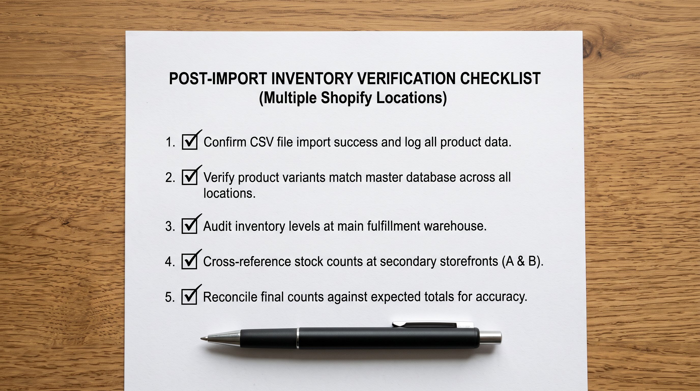 A five-step quality verification checklist with checkboxes representing the post-import review process for multi-location inventory confirmation.