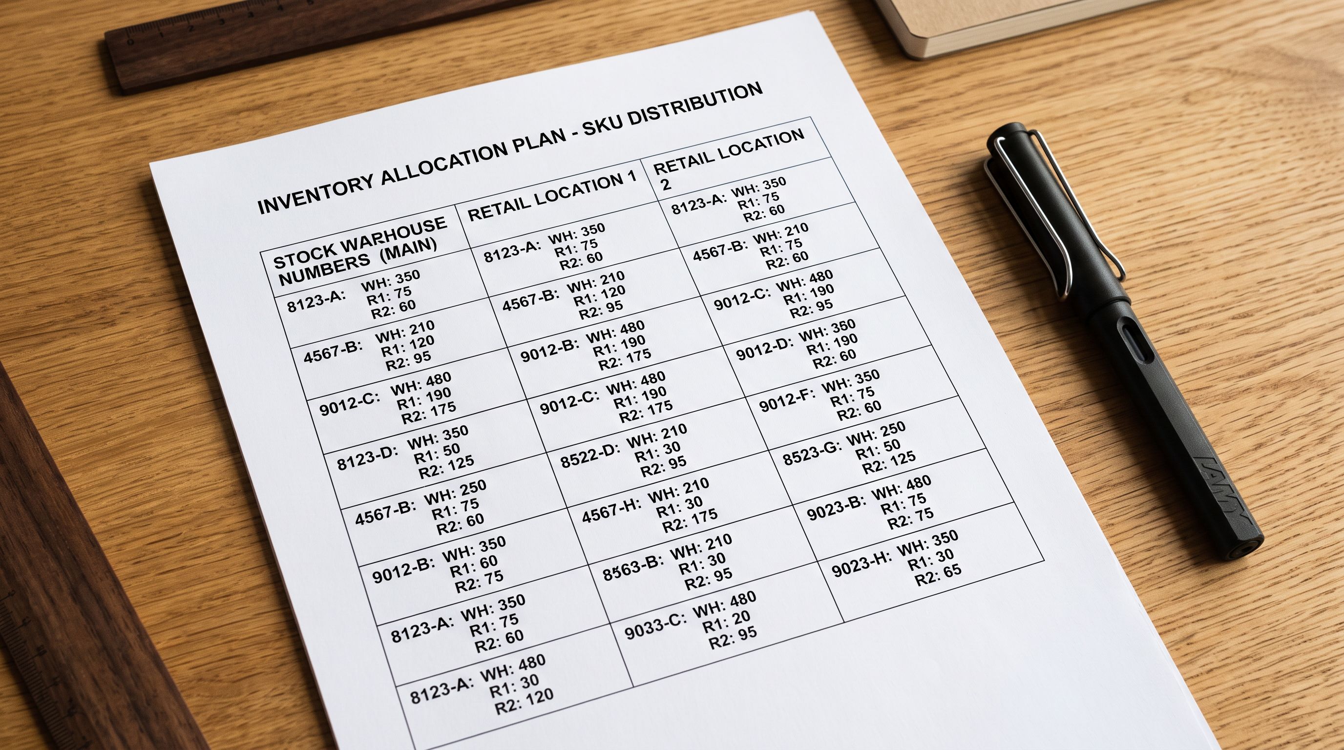 A printed multi-location inventory distribution chart on a clean wooden desk showing product SKU rows across three location columns with handwritten quantities filled in, representing the task of assigning stock to specific Shopify locations during a bulk import.