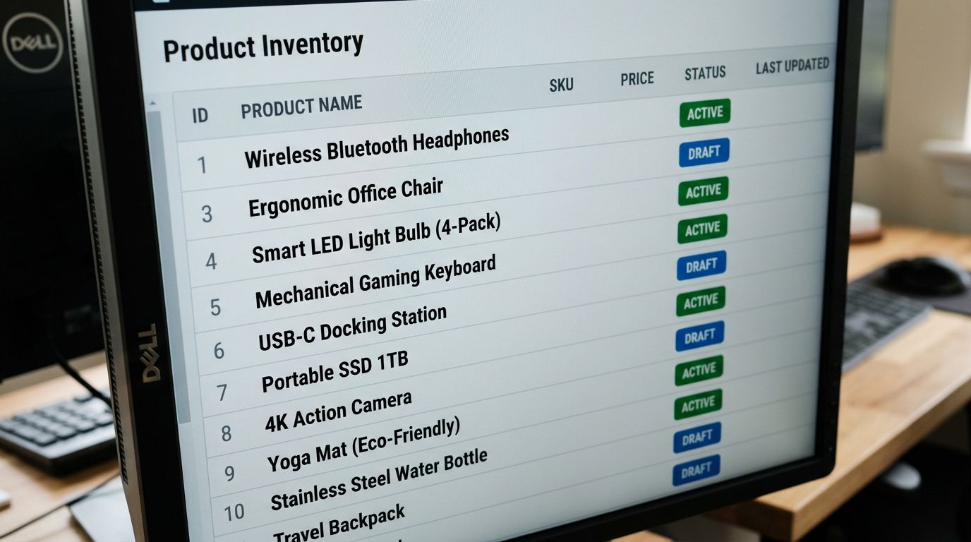 A close-up of a monitor showing a Shopify-style product list with status badges beside each product name, some showing Draft, some showing Active, sharp focus on the screen, colour photography.