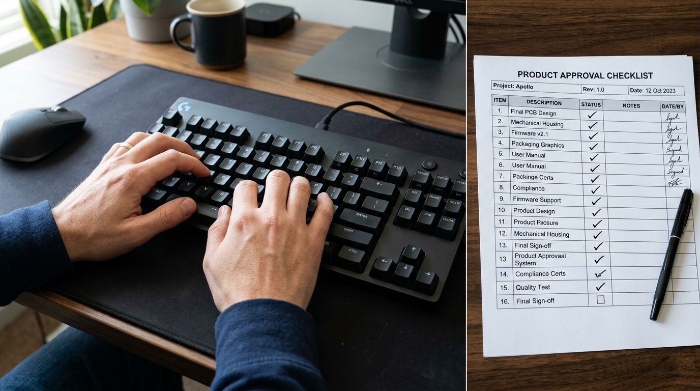 Hands typing on a keyboard beside a printed product import checklist with rows of tick boxes, multiple items ticked, sharp focus on both the keyboard and the paper, colour photography.