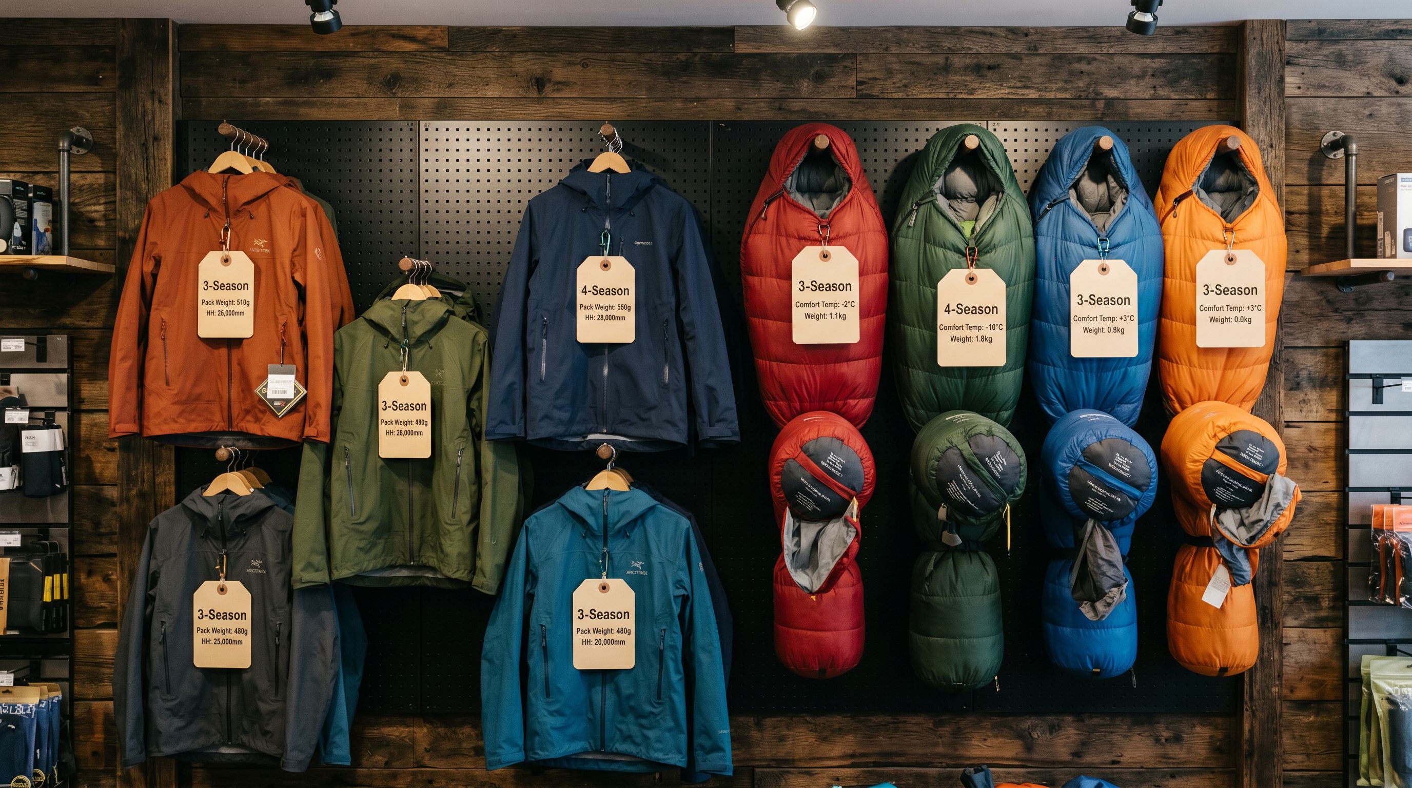 Outdoor gear store display wall showing waterproof jackets and sleeping bags with specification tags attached.