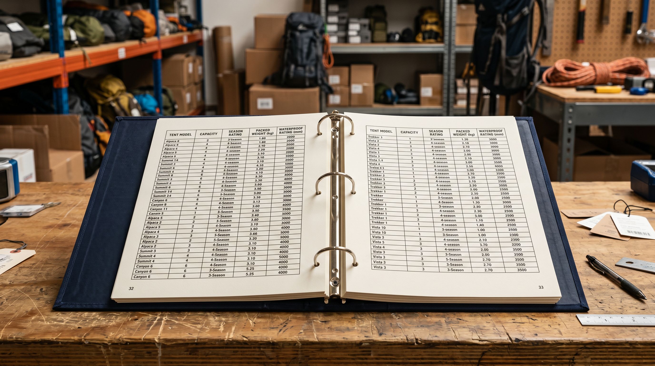 Open camping equipment supplier catalogue binder showing structured rows for tent capacity, weight, and season ratings.