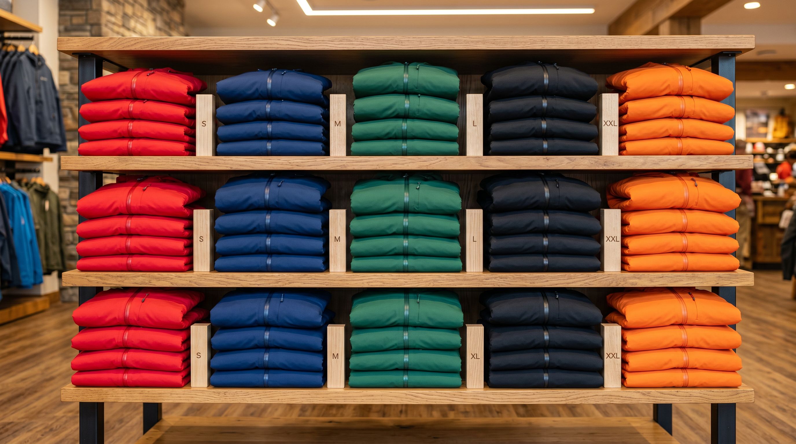 Outdoor clothing retail display with hiking jackets folded in a colour grid with size dividers visible.