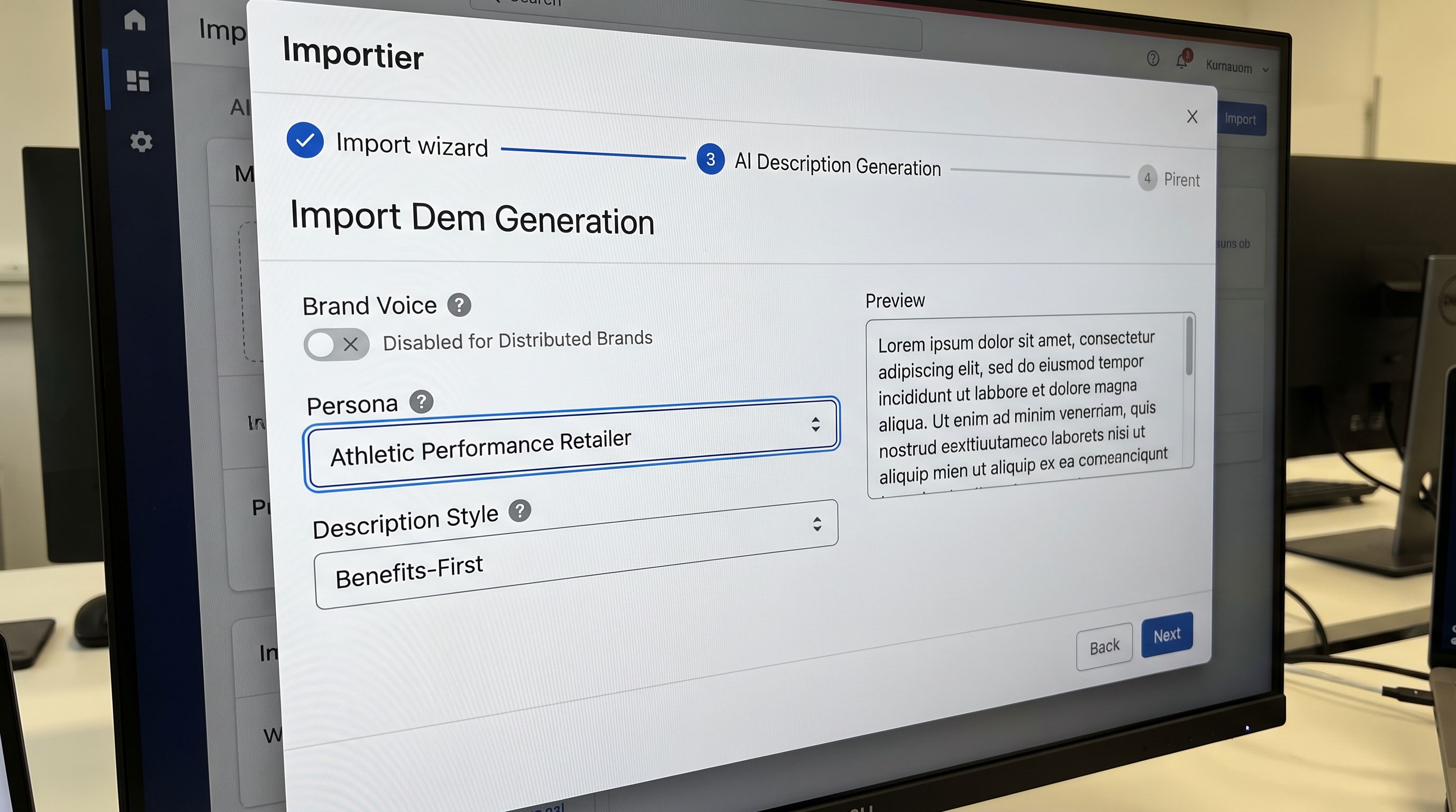 An Importier import wizard on a monitor showing the AI Description Generation step with Brand Voice toggled off, the Persona dropdown set to Athletic Performance Retailer, and the Description Style set to Benefits-First, representing the correct configuration for a distributed brands import where Brand Voice is disabled and differentiation comes from the industry persona rather than the store brand voice, everything in sharp focus no blur no depth of field, colour photography.