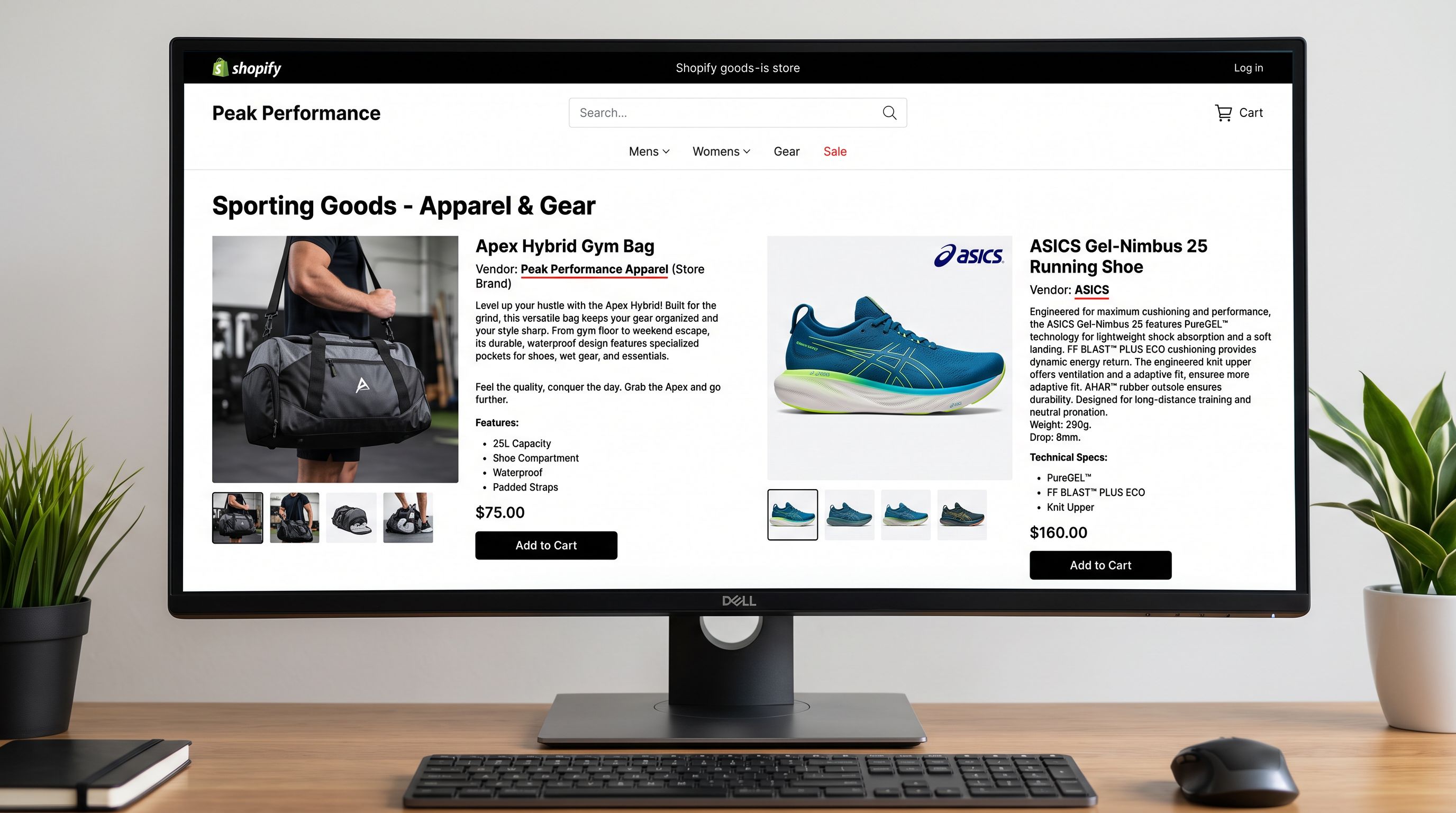 A Shopify product page on a monitor showing a sporting goods store with two product listings side by side: the left product showing a gym bag product page with the store brand name in the vendor field and an original brand voice description, the right product showing an ASICS running shoe with ASICS in the vendor field and a technically accurate feature-led description, both pages clearly attributed to different vendors with distinct description approaches, everything in sharp focus no blur no depth of field, colour photography.