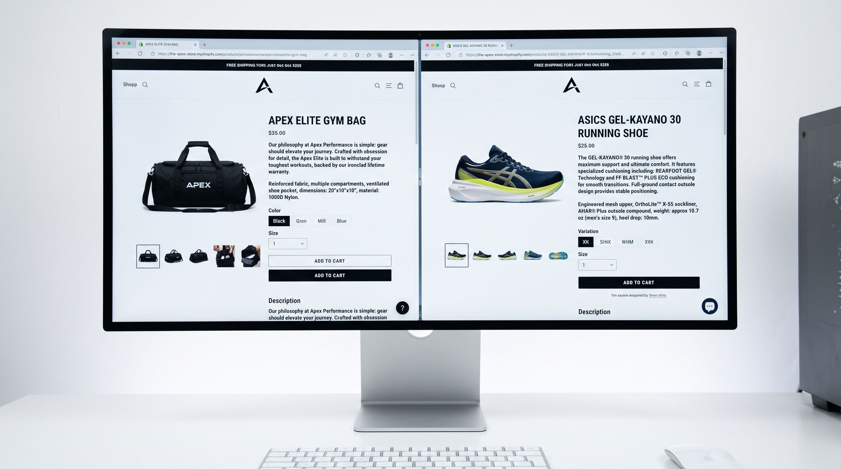 A side-by-side comparison on a monitor showing two Shopify product description examples for the same sporting goods store: the left panel showing an owned-brand gym bag product description with the brand voice visible in the opening sentence emphasising design philosophy and warranty, the right panel showing an ASICS running shoe description that accurately names GEL cushioning technology and outsole specifications without attributing them to the store brand, demonstrating correct content separation in a mixed catalogue, everything in sharp focus no blur no depth of field, colour photography.