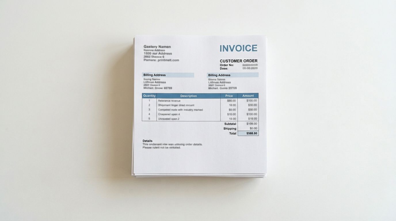 Stack of printed supplier invoice documents on a clean white desk viewed from above.