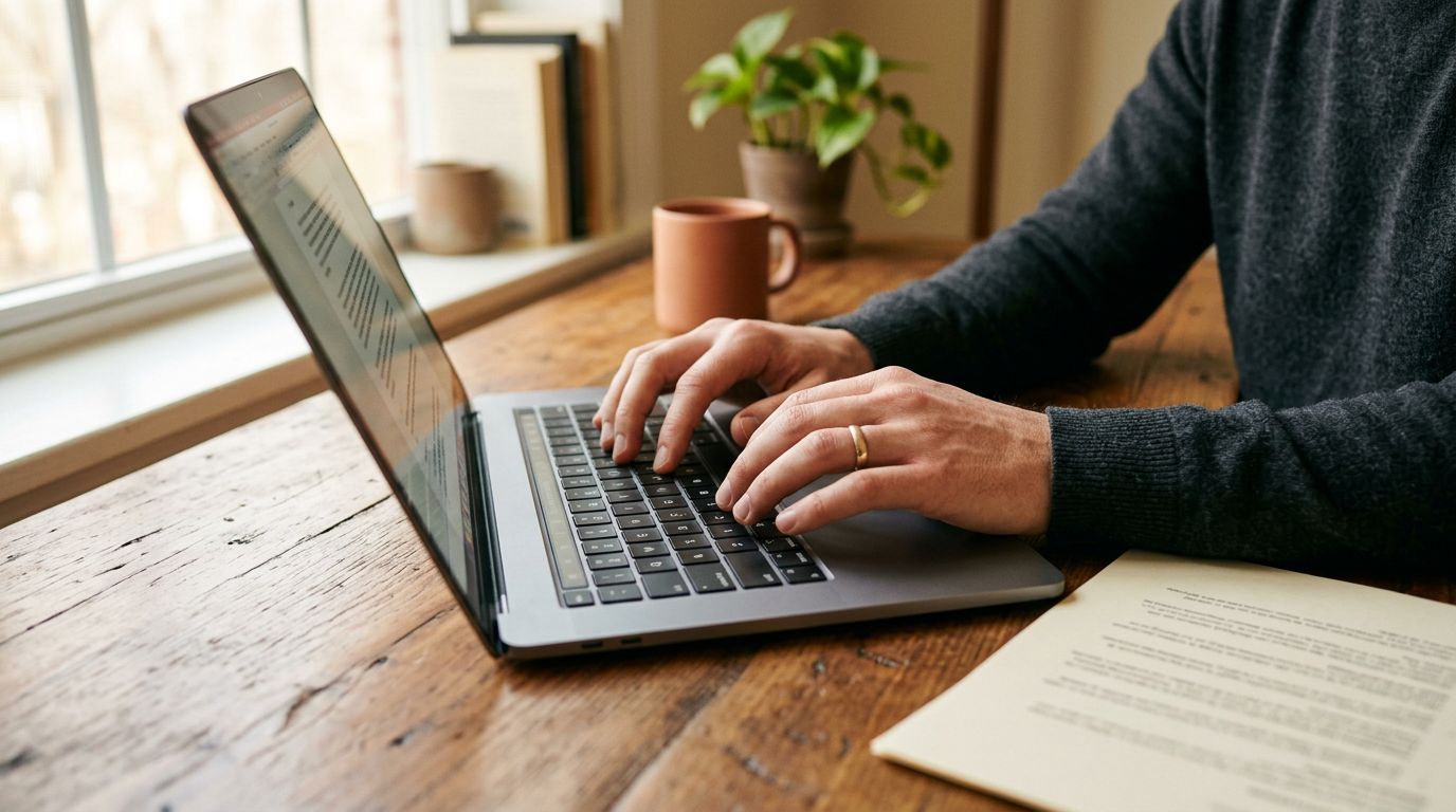 Close-up of hands typing on a laptop keyboard with a printed document beside it on a wooden desk.