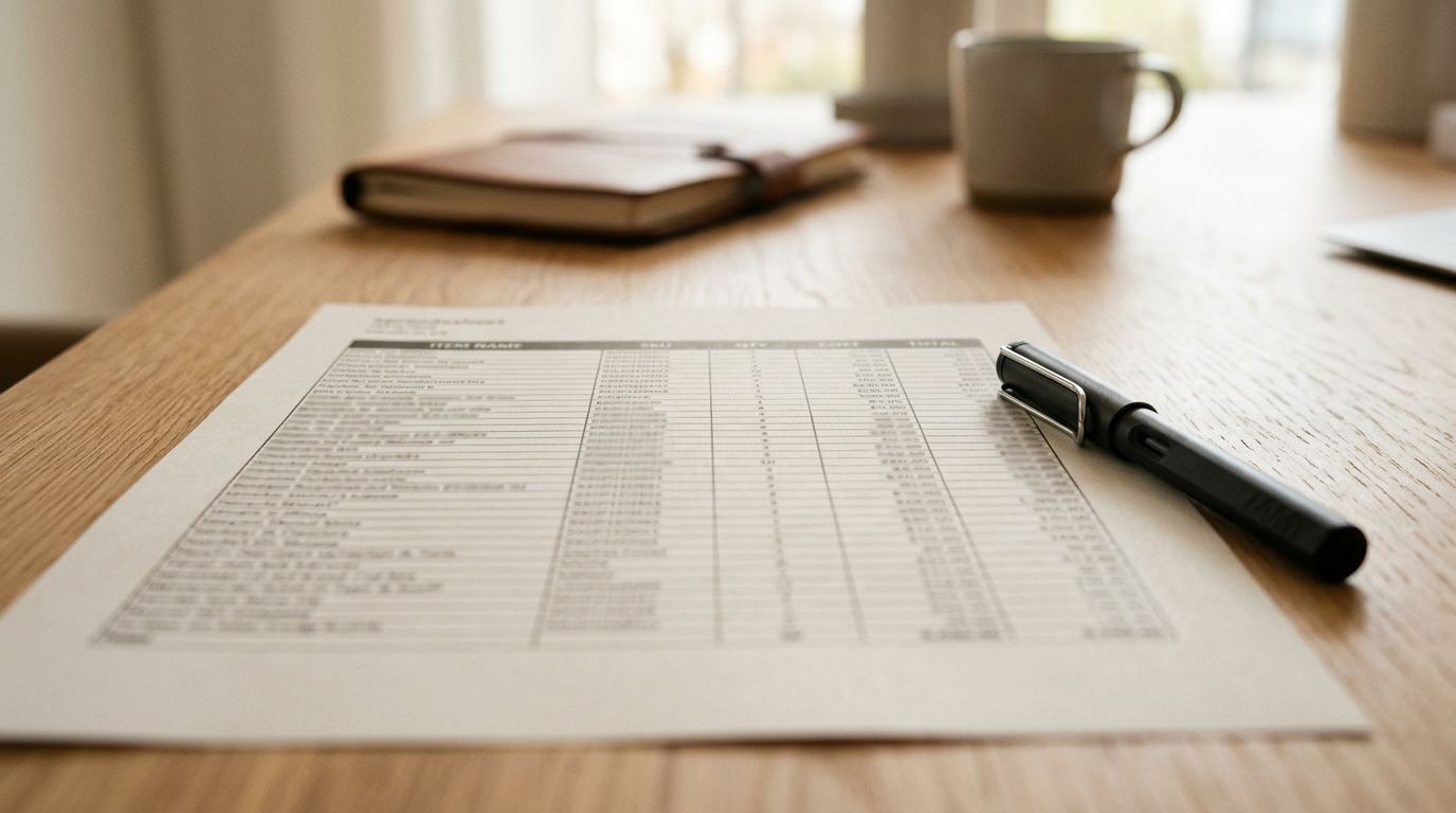 Close-up of a printed document with product data rows and a pen resting beside it on a clean desk.