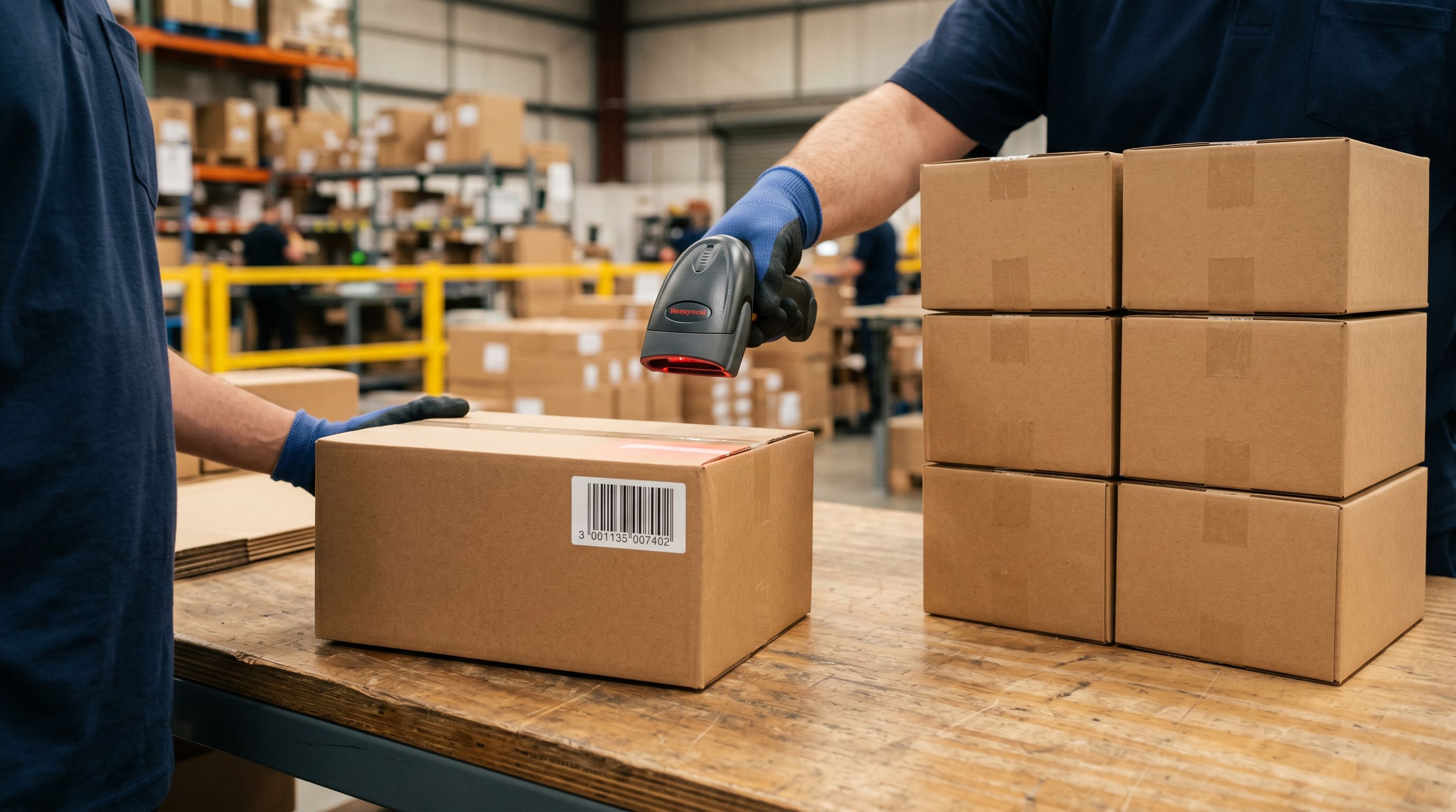 Barcode scanner positioned over a plain product package on a warehouse sorting table.