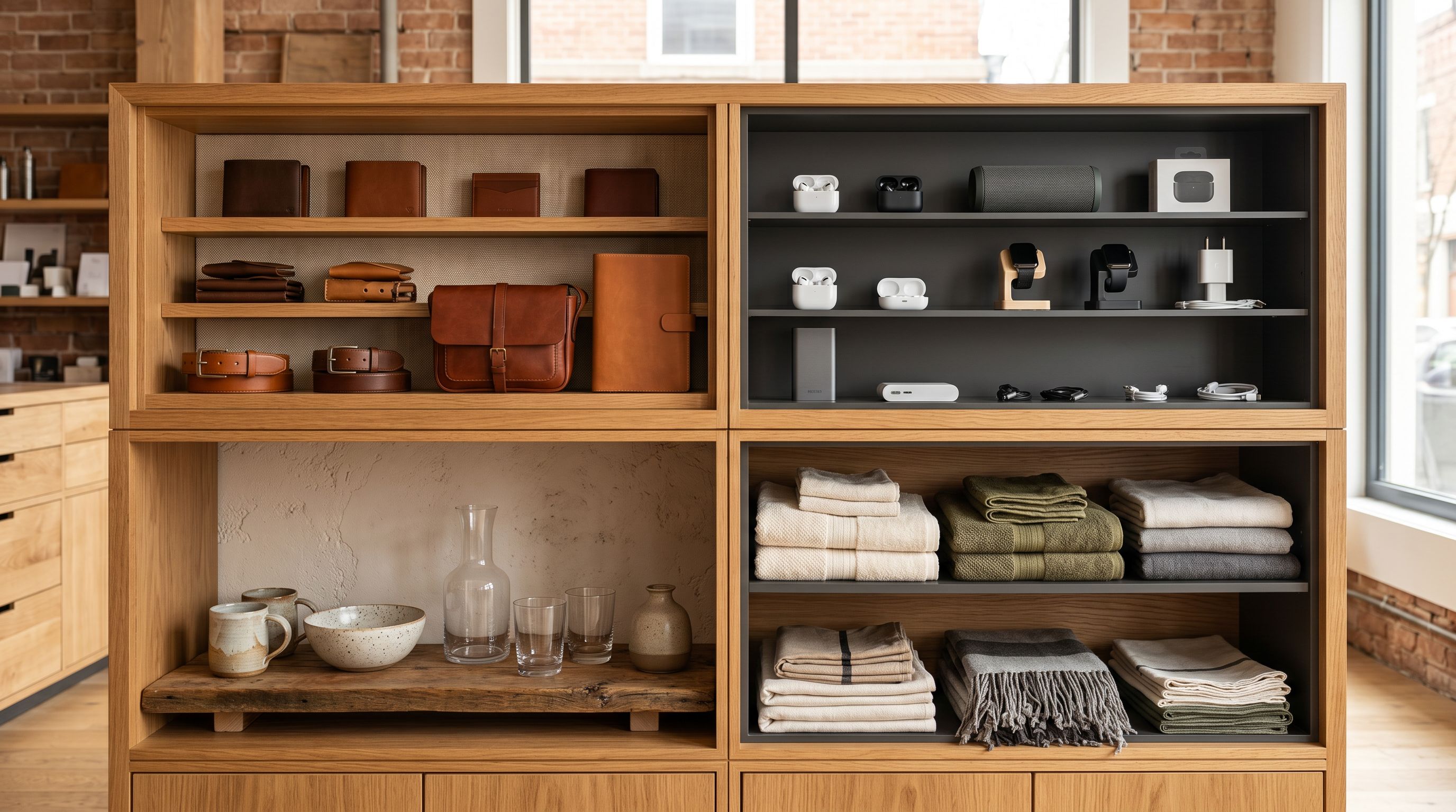 Consumer products organised into four distinct category sections on a retail display unit.