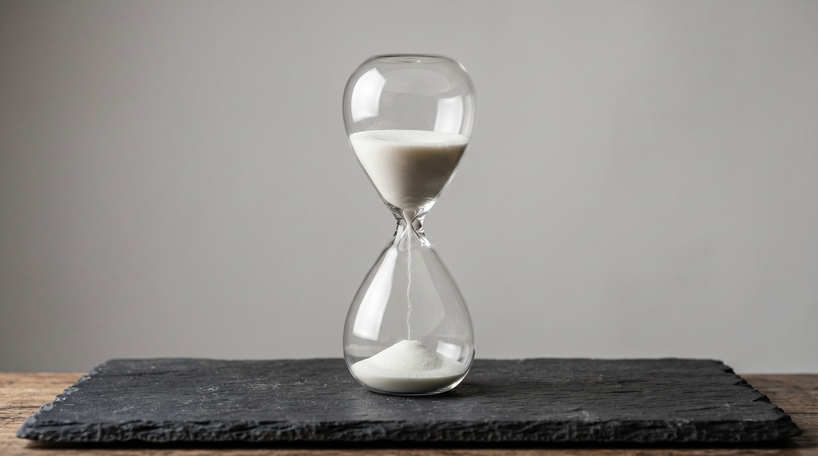 Clear glass hourglass with white sand flowing, representing product feed re-crawl timing.