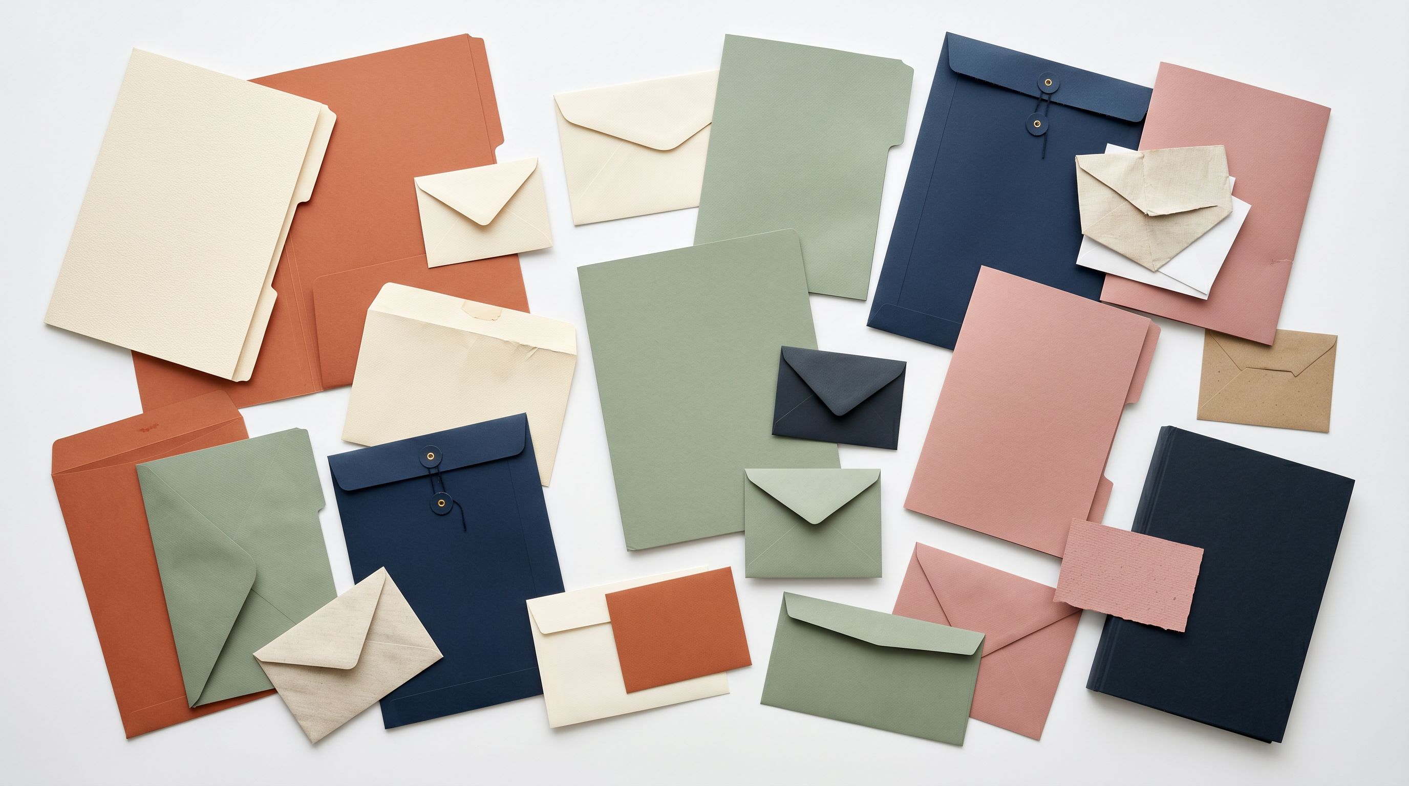 Envelopes and folders in different sizes and colours spread across a white surface representing multiple supplier file formats.