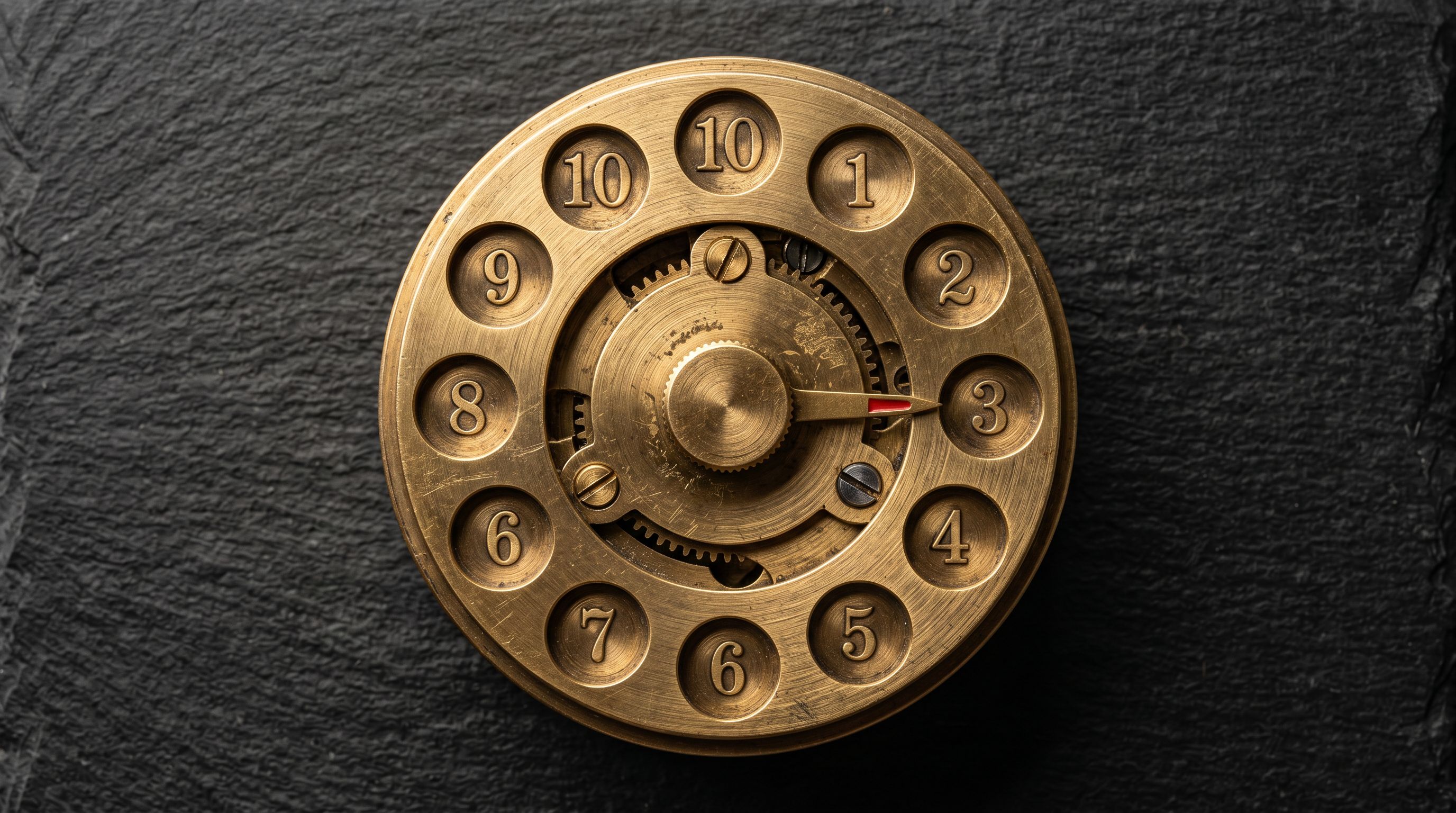 A vintage brass mechanical timer dial with ten evenly spaced notches on a dark slate surface representing ten scheduled import runs.