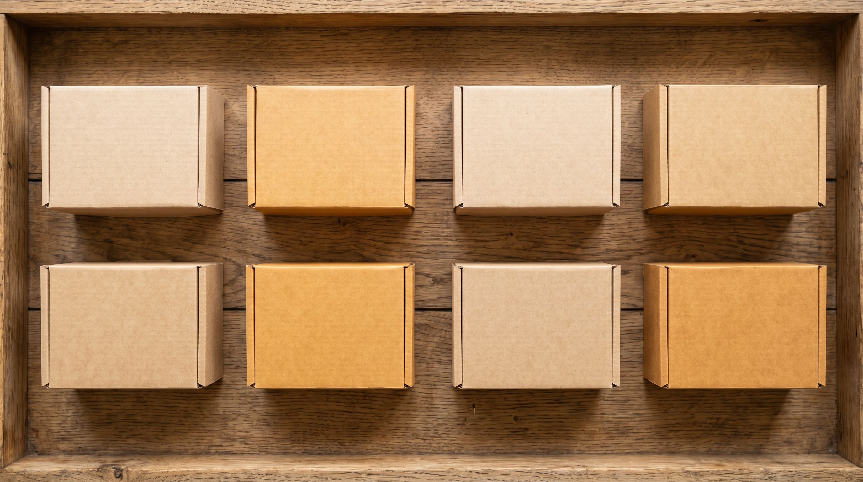 Eight identical kraft cardboard boxes arranged in two neat rows of four on a wooden shelf representing eight organised supplier feeds.