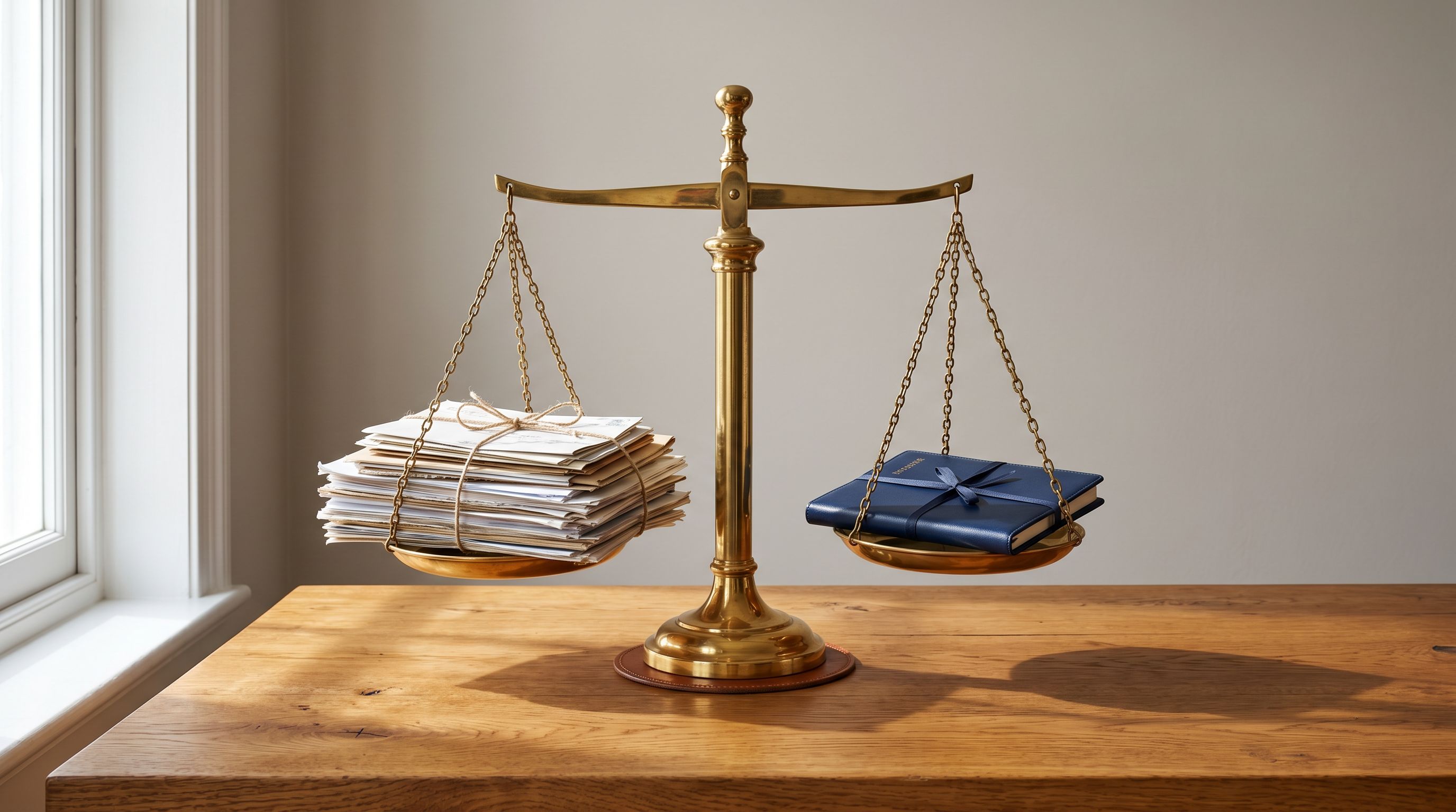 A polished brass balance scale with loose documents on one side and a neat compact folder on the other, on an oak surface.