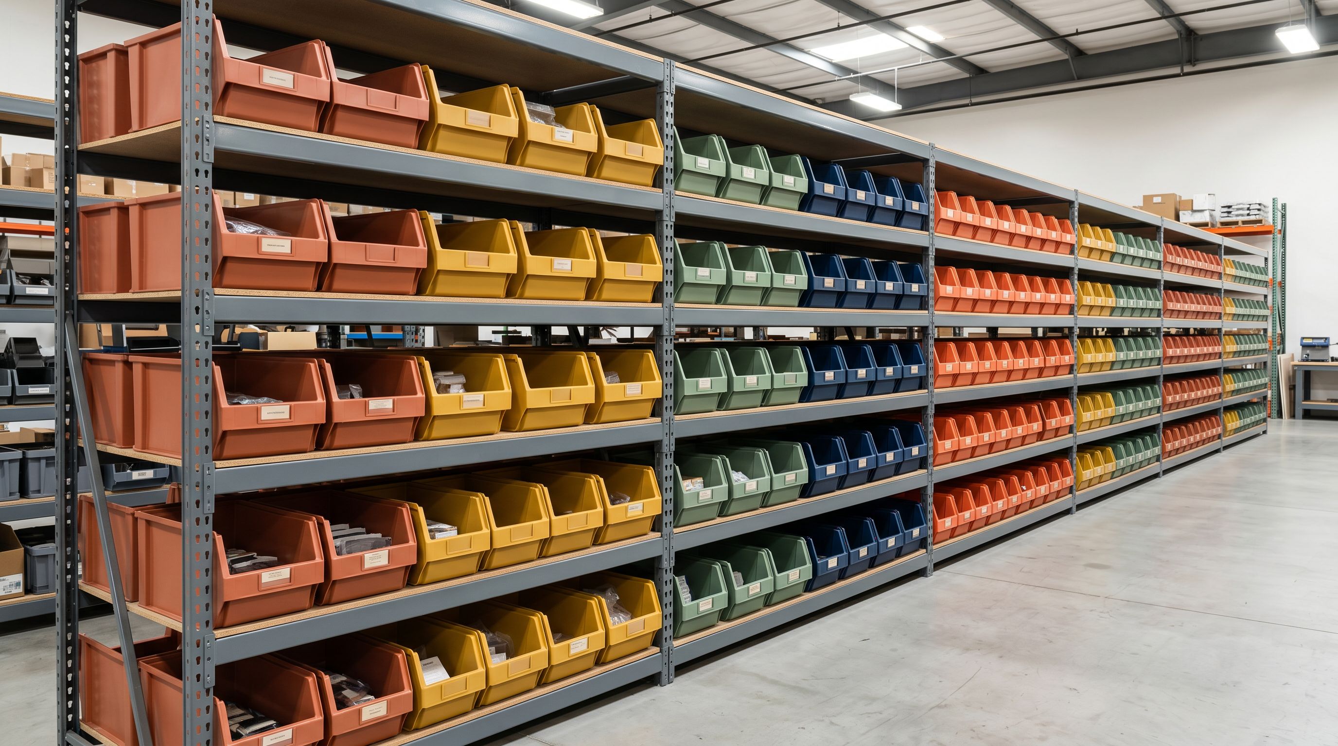 Colour-coded product storage bins on industrial warehouse shelving representing enterprise catalogue organisation across multiple supplier lines.
