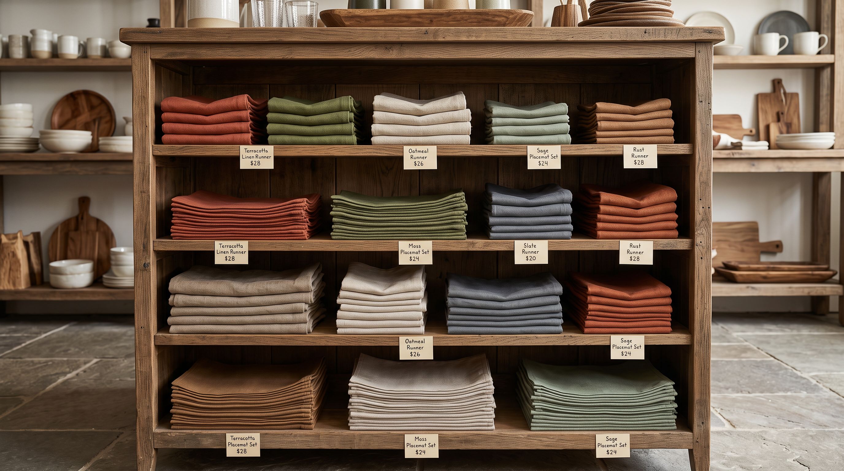 Retail homewares display shelving with table runners and placemats stacked neatly on store shelves with price tags.
