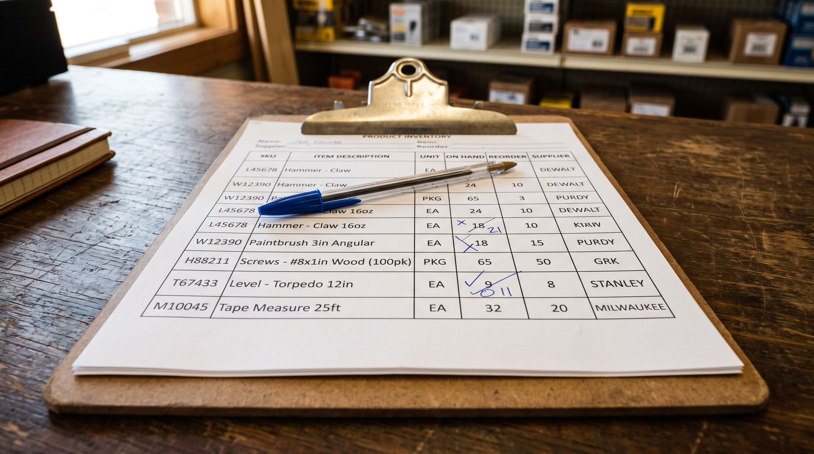 Printed product spreadsheet on clipboard with pen and handwritten correction marks on a retail desk.