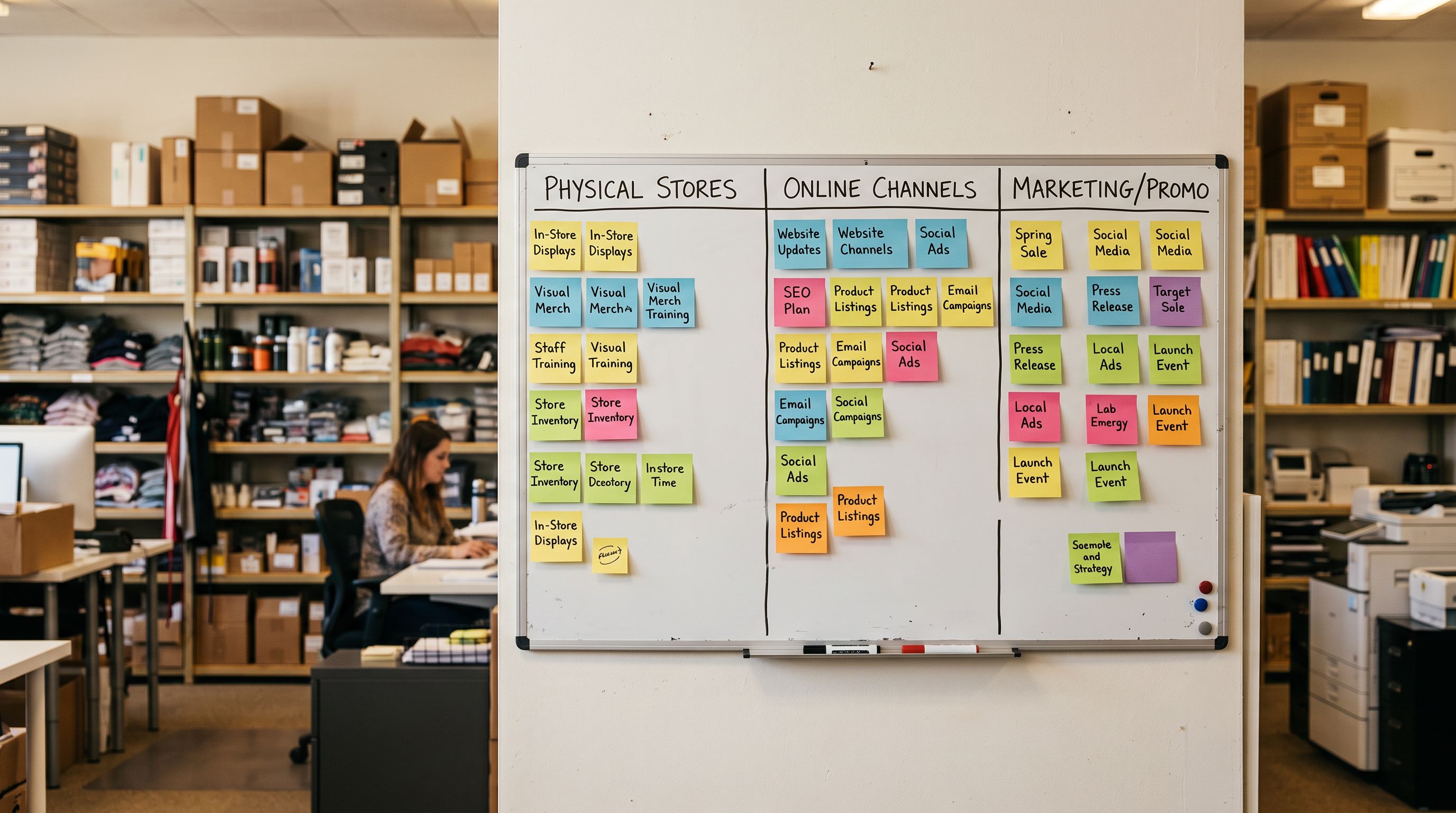 Three-column planning board on a wall with sticky note cards grouped under each column in a retail back-office.