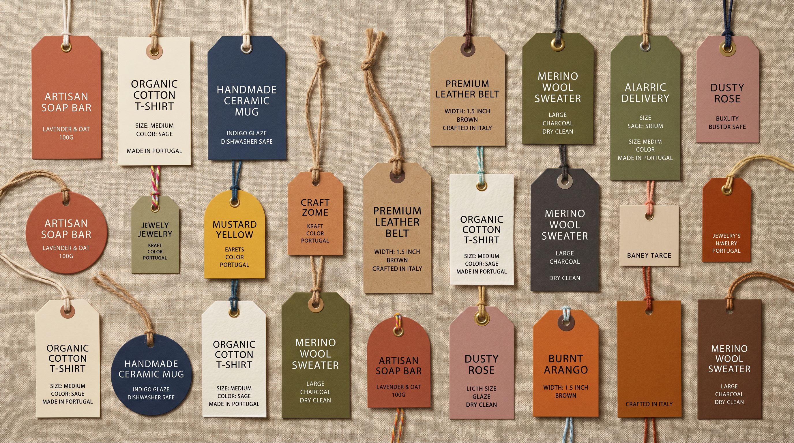 Product hang tags spread on linen representing bulk content updates across a catalogue.