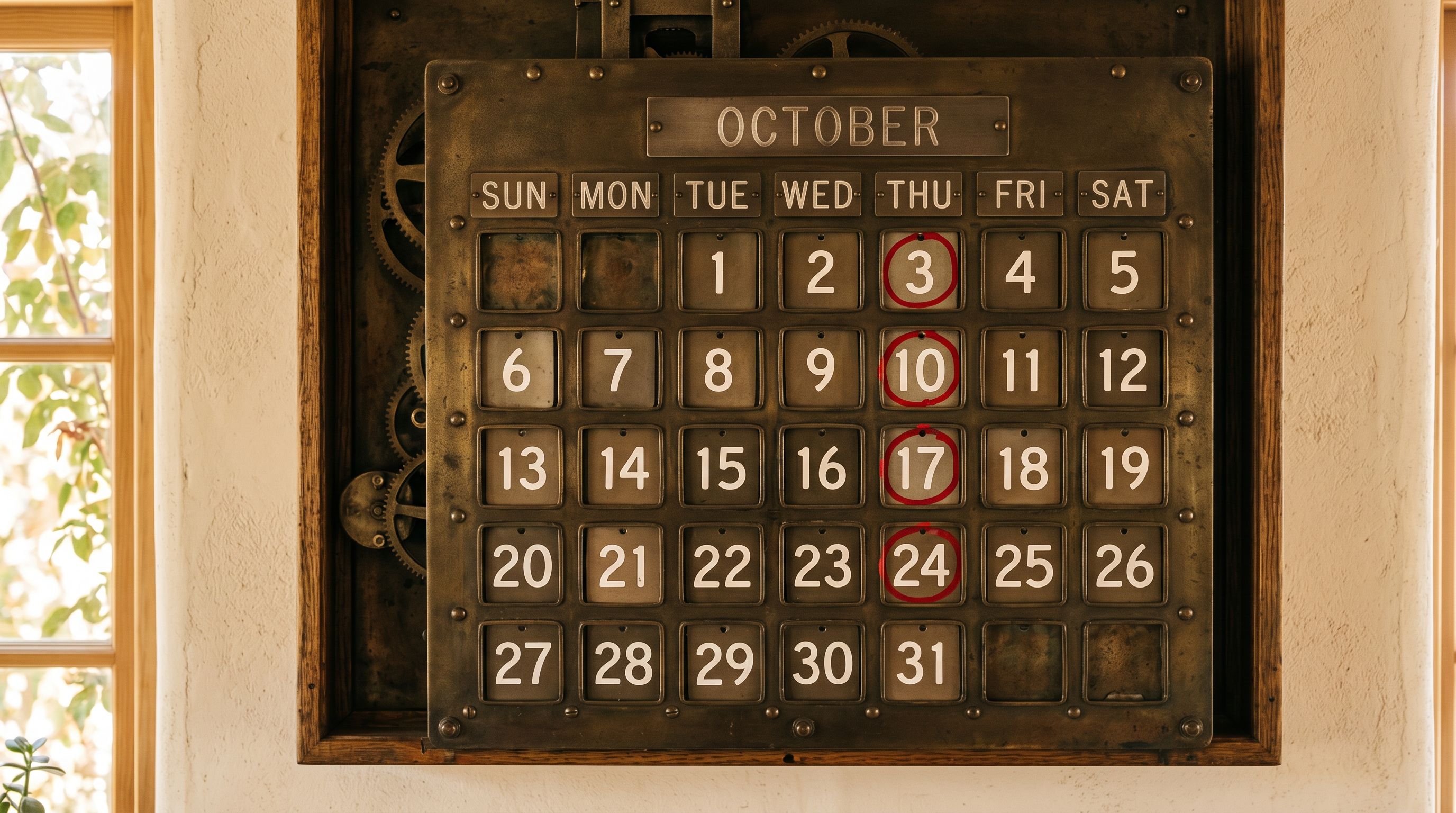 A mechanical wall calendar with recurring dates marked representing automated import scheduling.