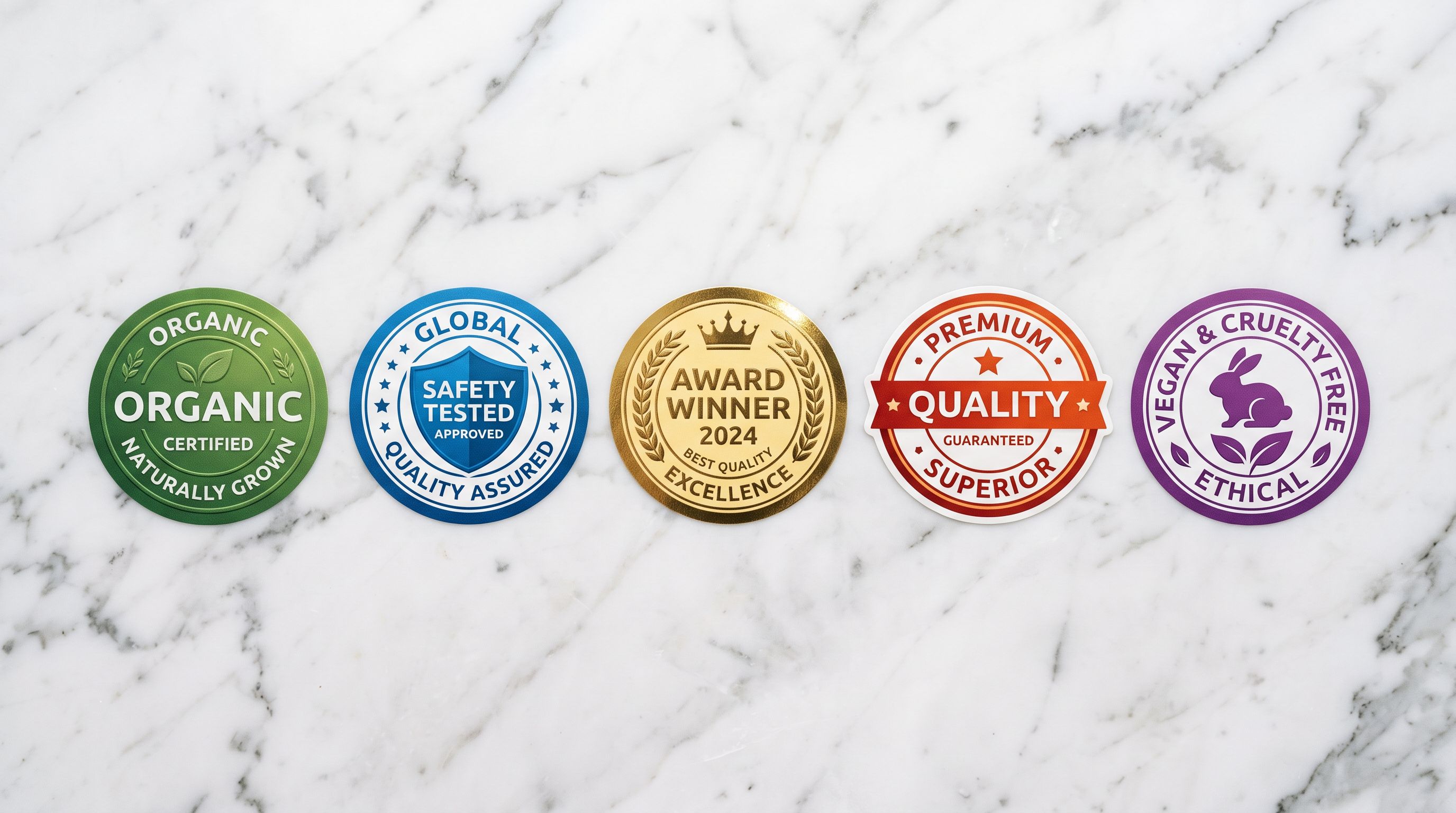 Multiple certification badge seals including organic, cruelty-free, CE mark, and fair trade logos arranged in a row on a clean white surface, representing the trust signals that convert shoppers on product pages.
