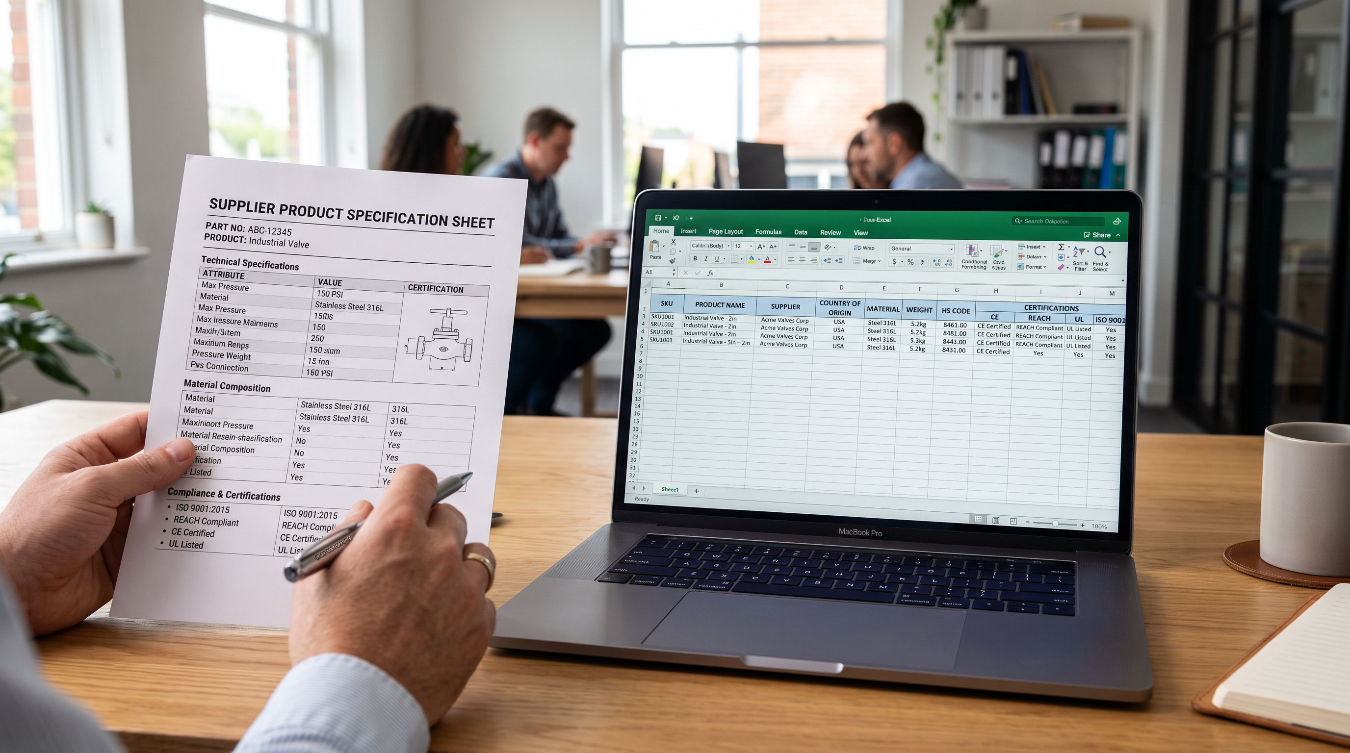 A printed supplier compliance documentation pack on a desk showing a spec sheet with certification logos beside a product data spreadsheet, representing the two-document challenge in capturing certification data for import.
