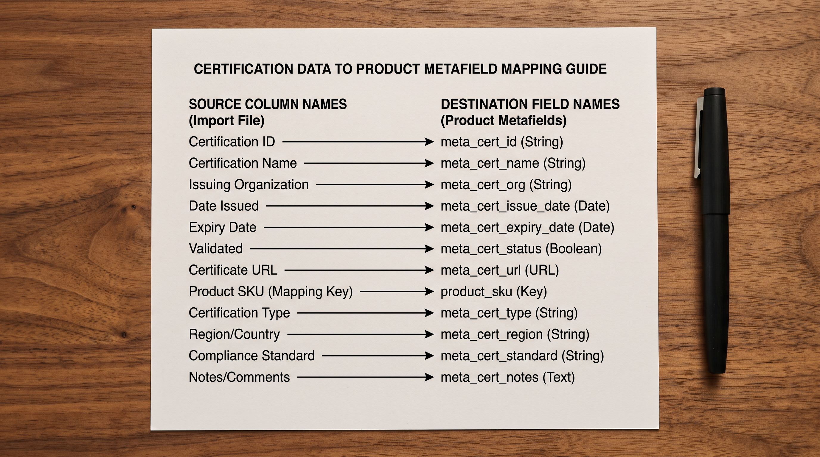 A printed product metafield mapping diagram on a desk showing supplier CSV column names connected by arrows to Shopify metafield keys in a certifications namespace, representing the import column mapping step for certification data.